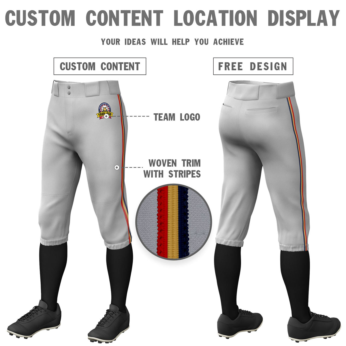 Custom Gray Navy-Old Gold-Red Classic Fit Stretch Practice Knickers Baseball Pants