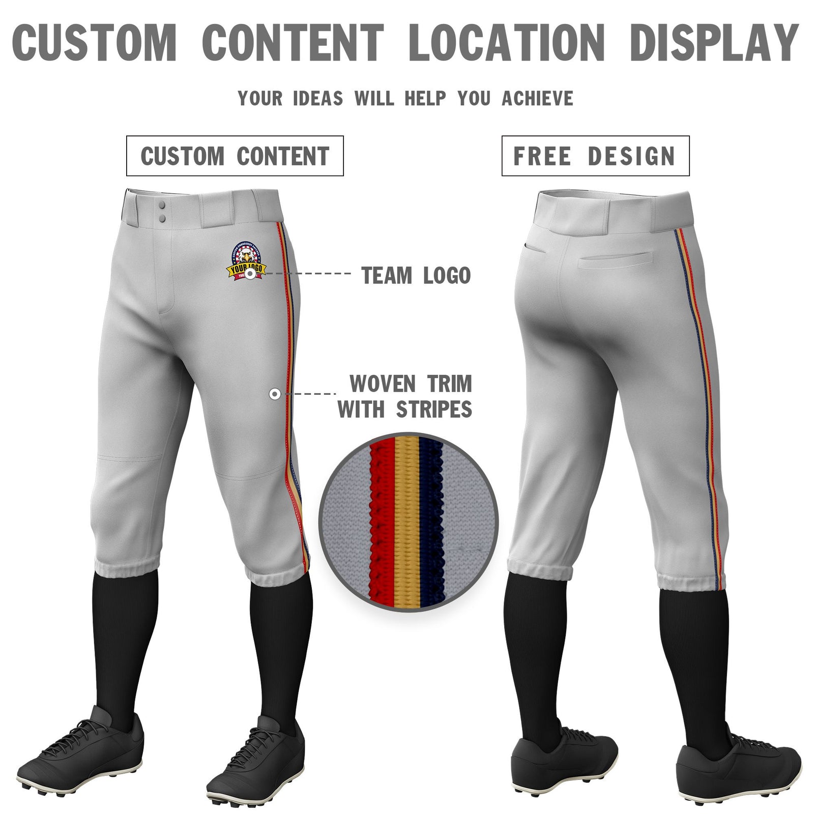 Custom Gray Navy-Old Gold-Red Classic Fit Stretch Practice Knickers Baseball Pants