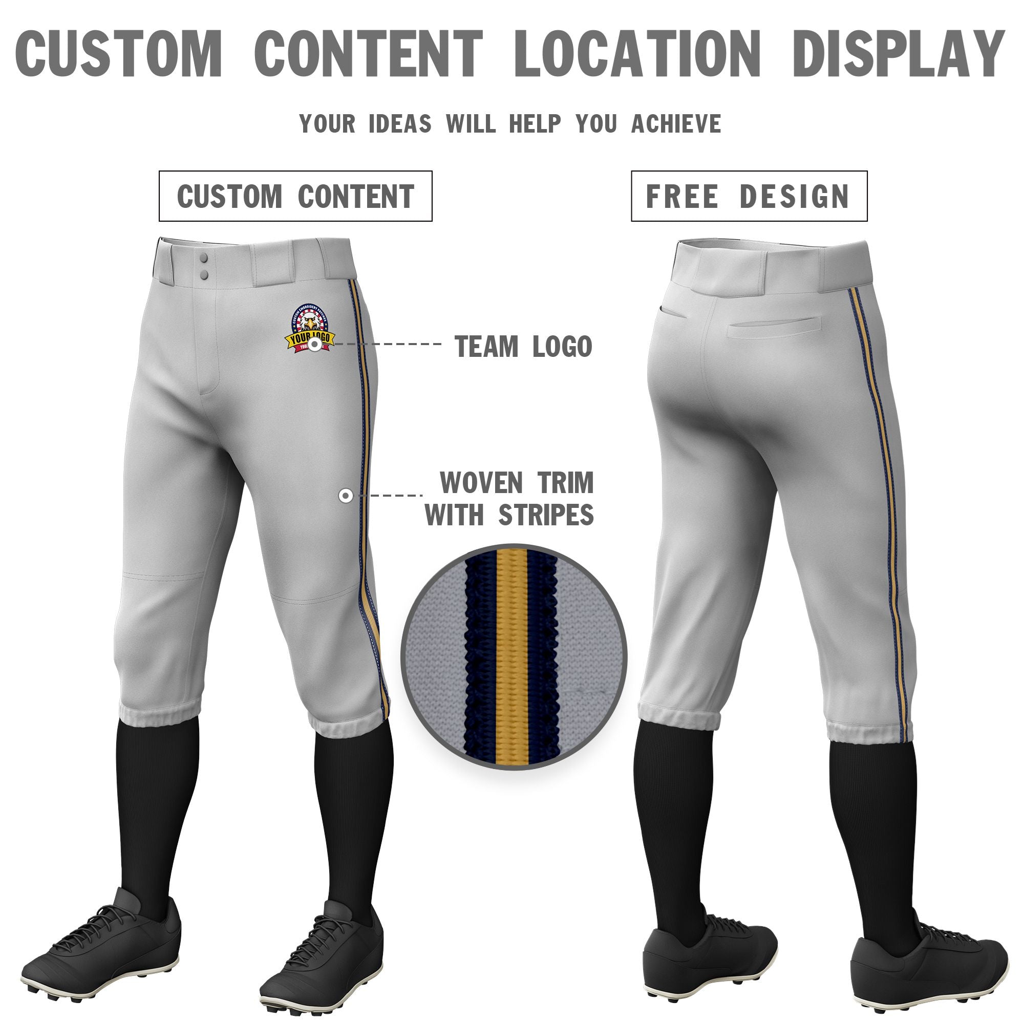 Custom Gray Navy-Old Gold-Navy Classic Fit Stretch Practice Knickers Baseball Pants