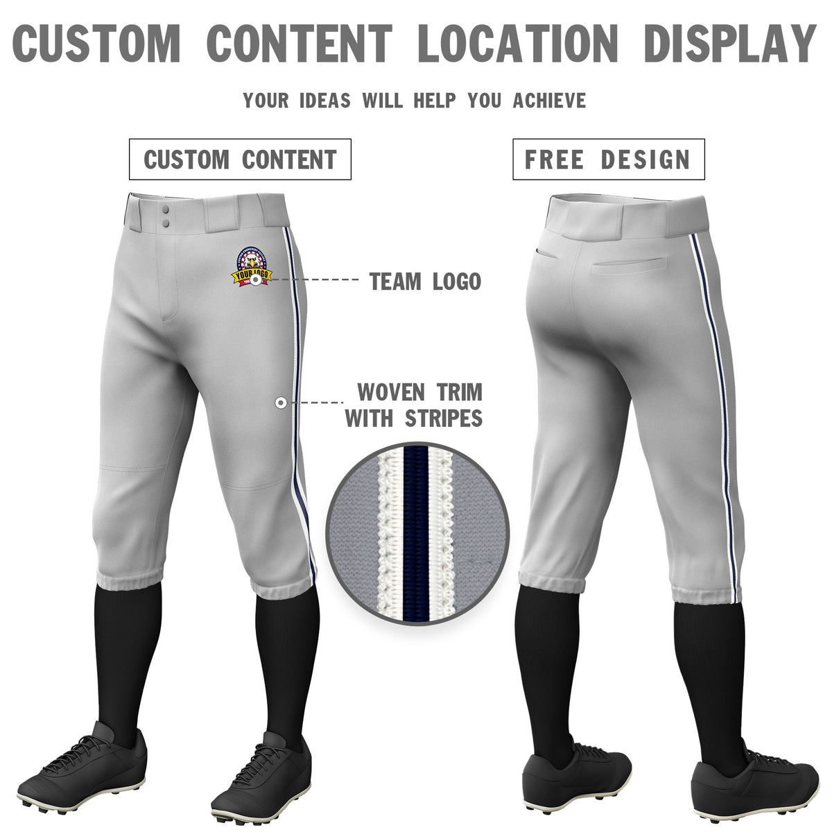 Custom Gray White-Navy-White Classic Fit Stretch Practice Knickers Baseball Pants