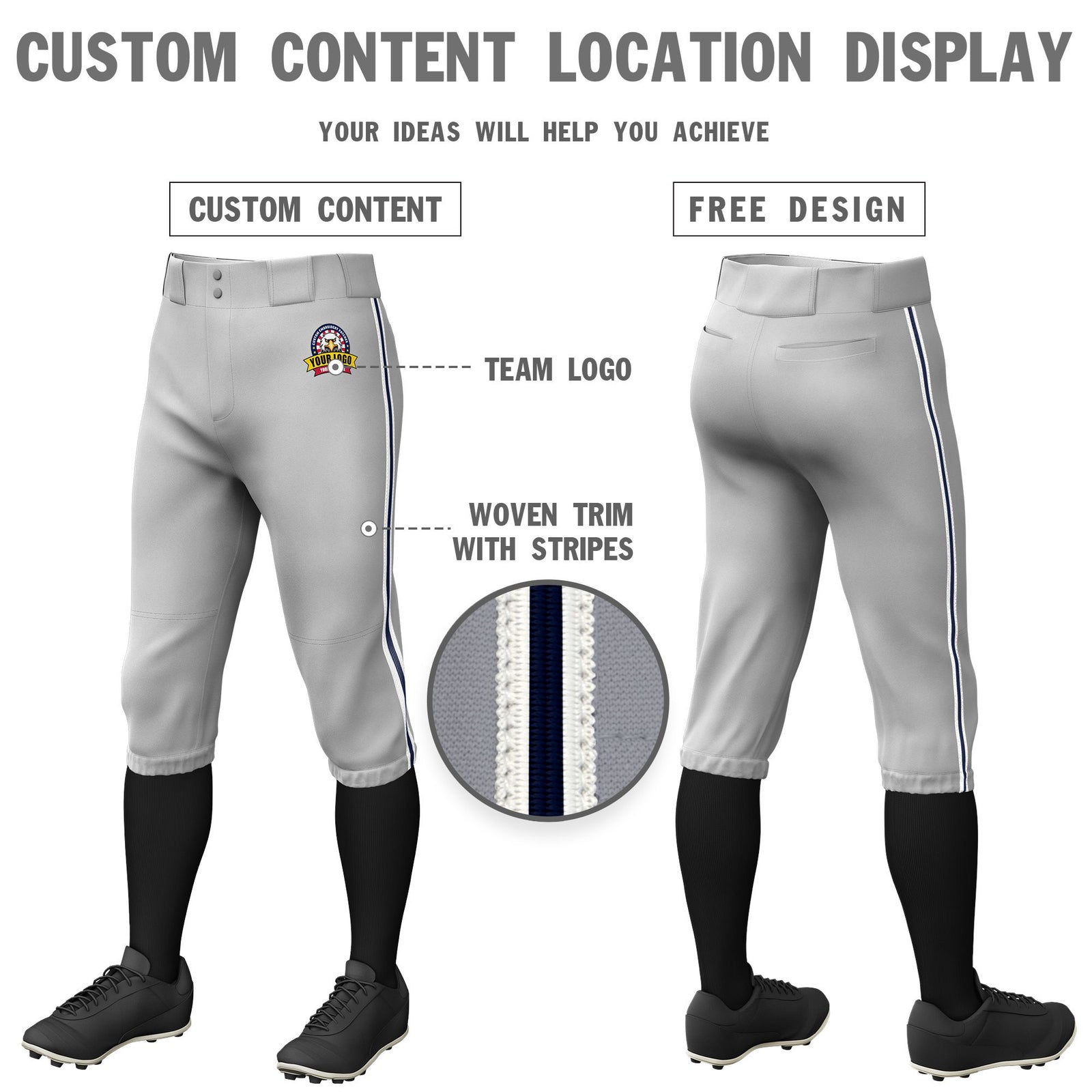 Custom Gray White-Navy-White Classic Fit Stretch Practice Knickers Baseball Pants