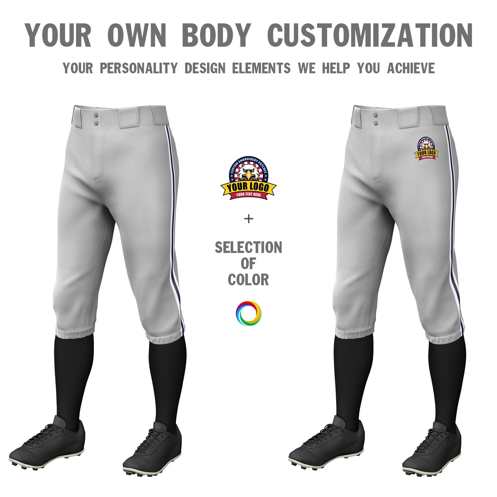 Custom Gray White-Navy-White Classic Fit Stretch Practice Knickers Baseball Pants