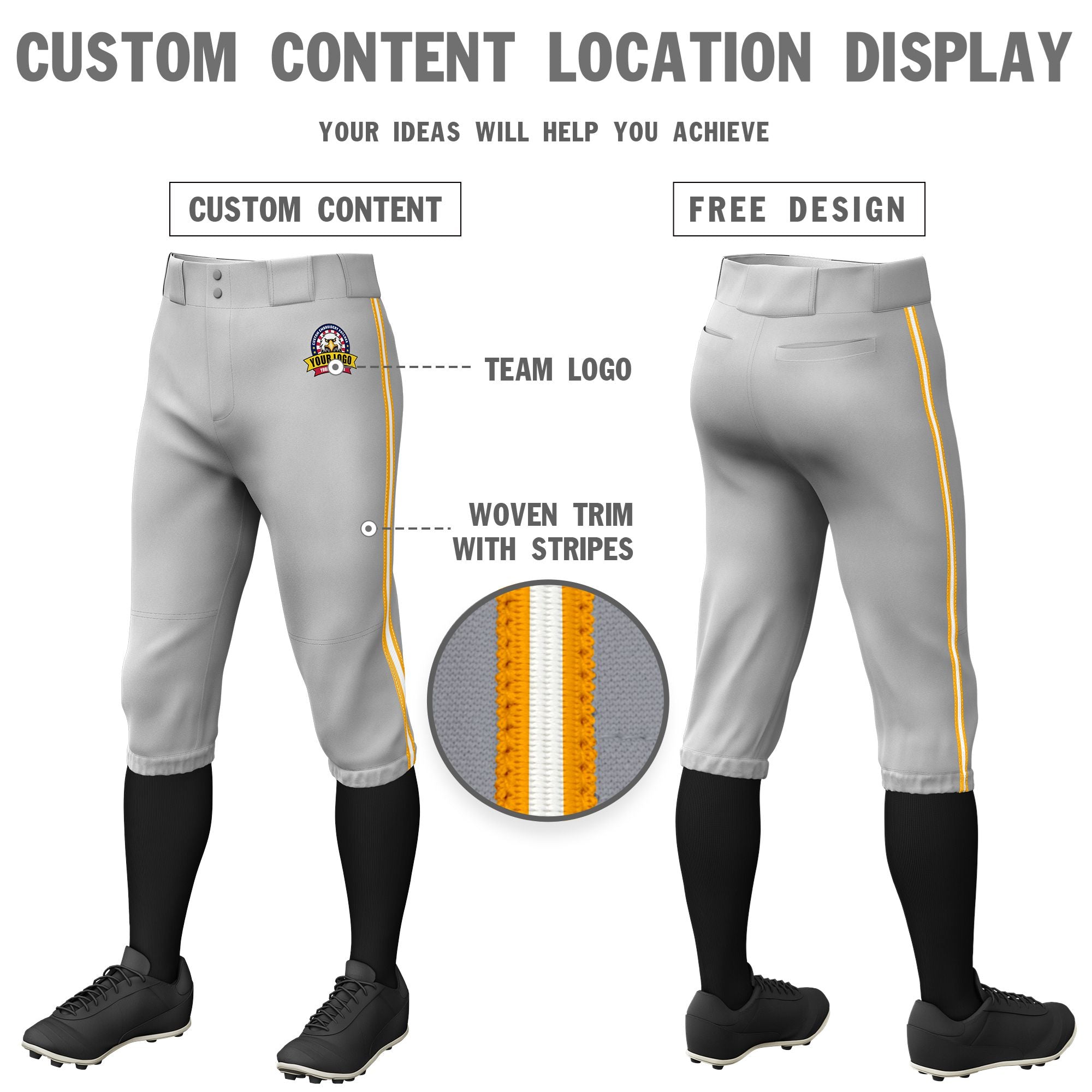 Custom Gray Yellow-White-Yellow Classic Fit Stretch Practice Knickers Baseball Pants