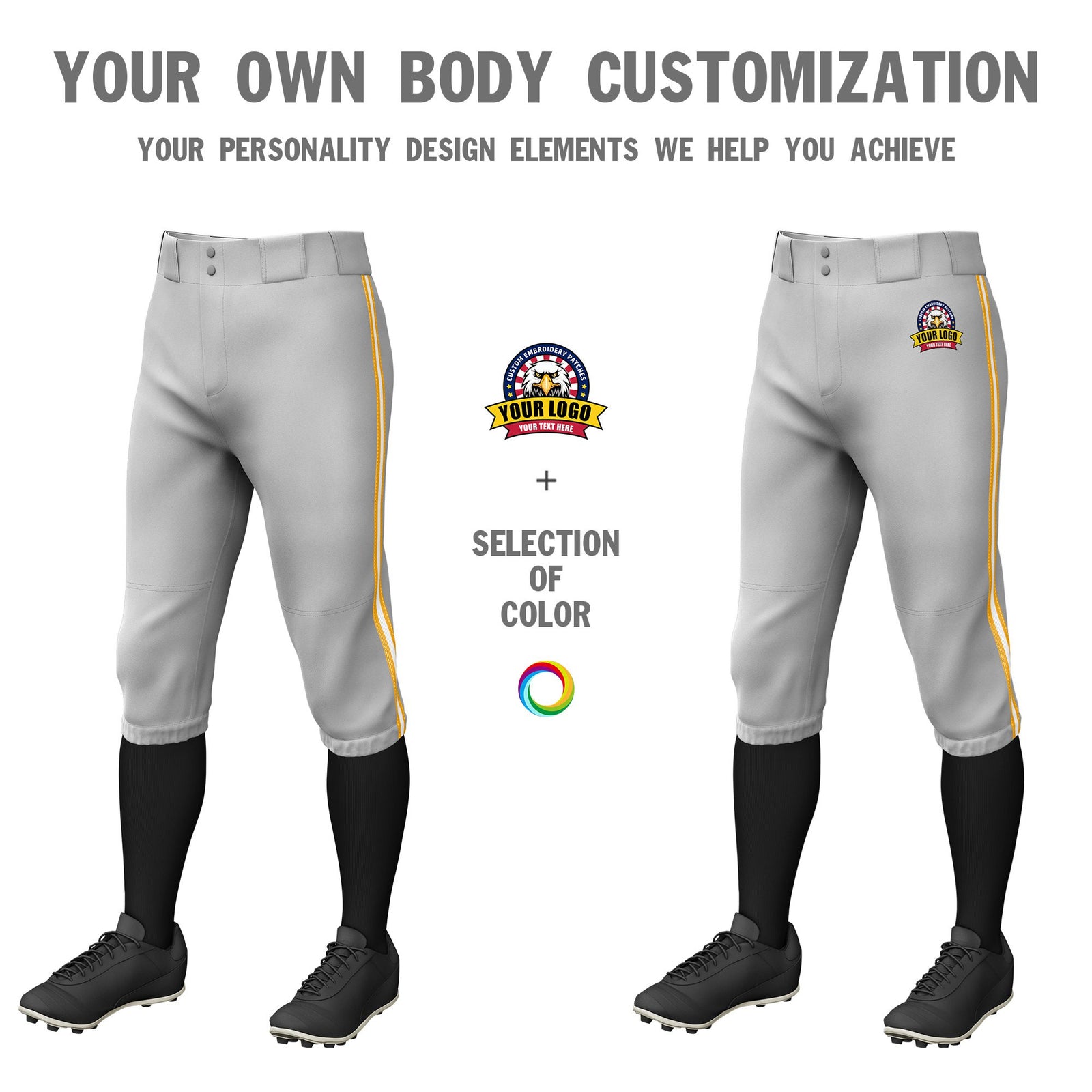 Custom Gray Yellow-White-Yellow Classic Fit Stretch Practice Knickers Baseball Pants