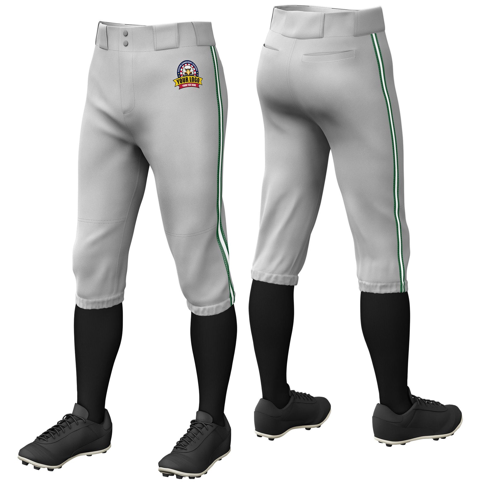 Custom Gray Green-White-Green Classic Fit Stretch Practice Knickers Baseball Pants