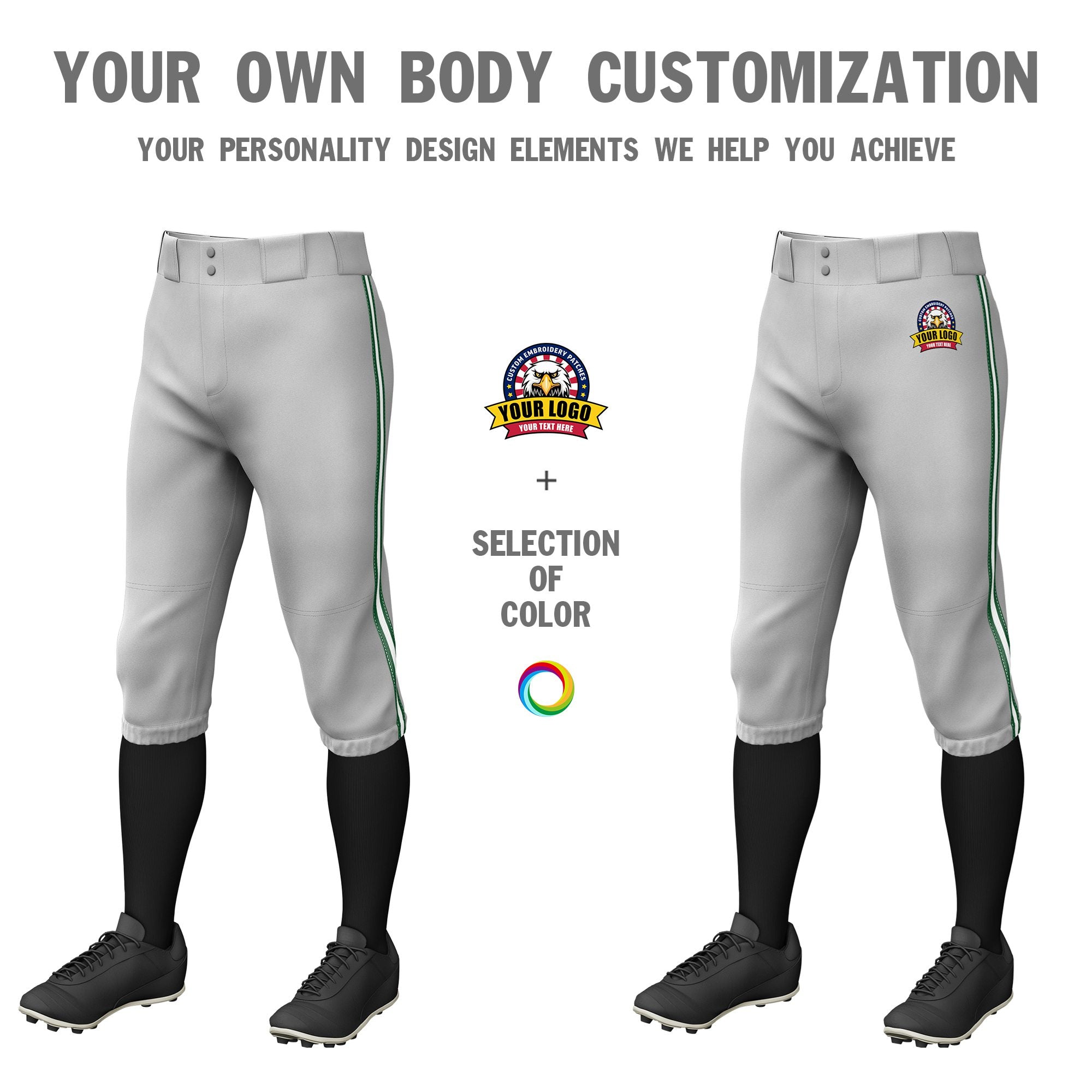 Custom Gray Green-White-Green Classic Fit Stretch Practice Knickers Baseball Pants