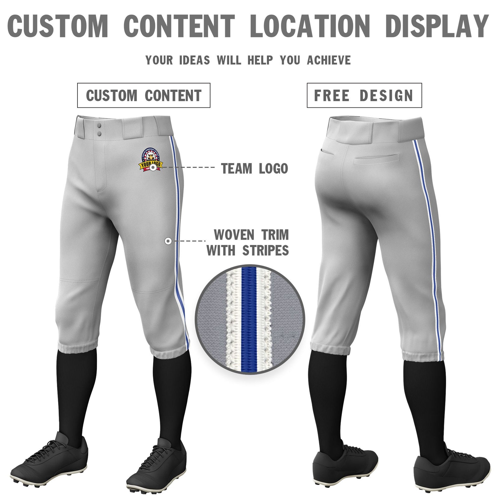 Custom Gray White-Royal Blue-White Classic Fit Stretch Practice Knickers Baseball Pants