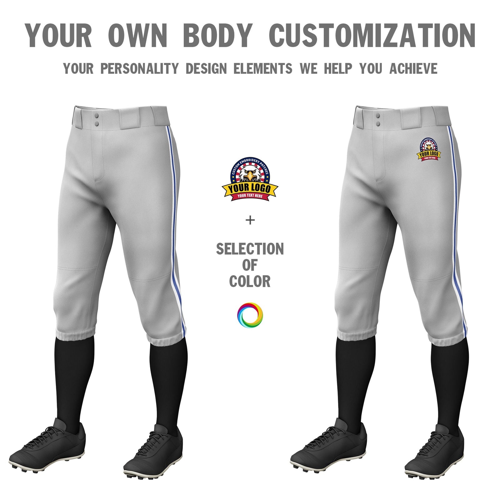 Custom Gray White-Royal Blue-White Classic Fit Stretch Practice Knickers Baseball Pants