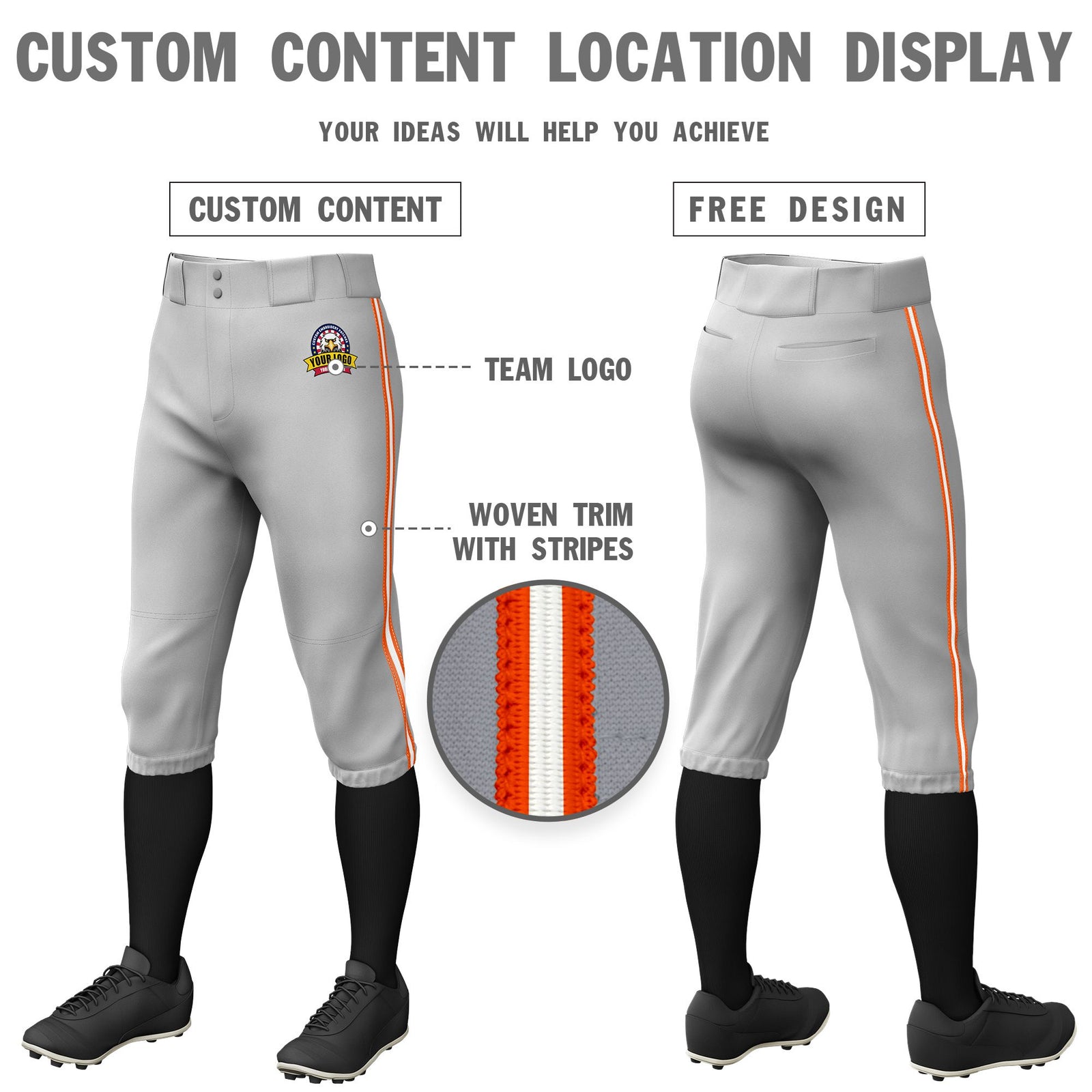 Custom Gray Orange-White-Orange Classic Fit Stretch Practice Knickers Baseball Pants