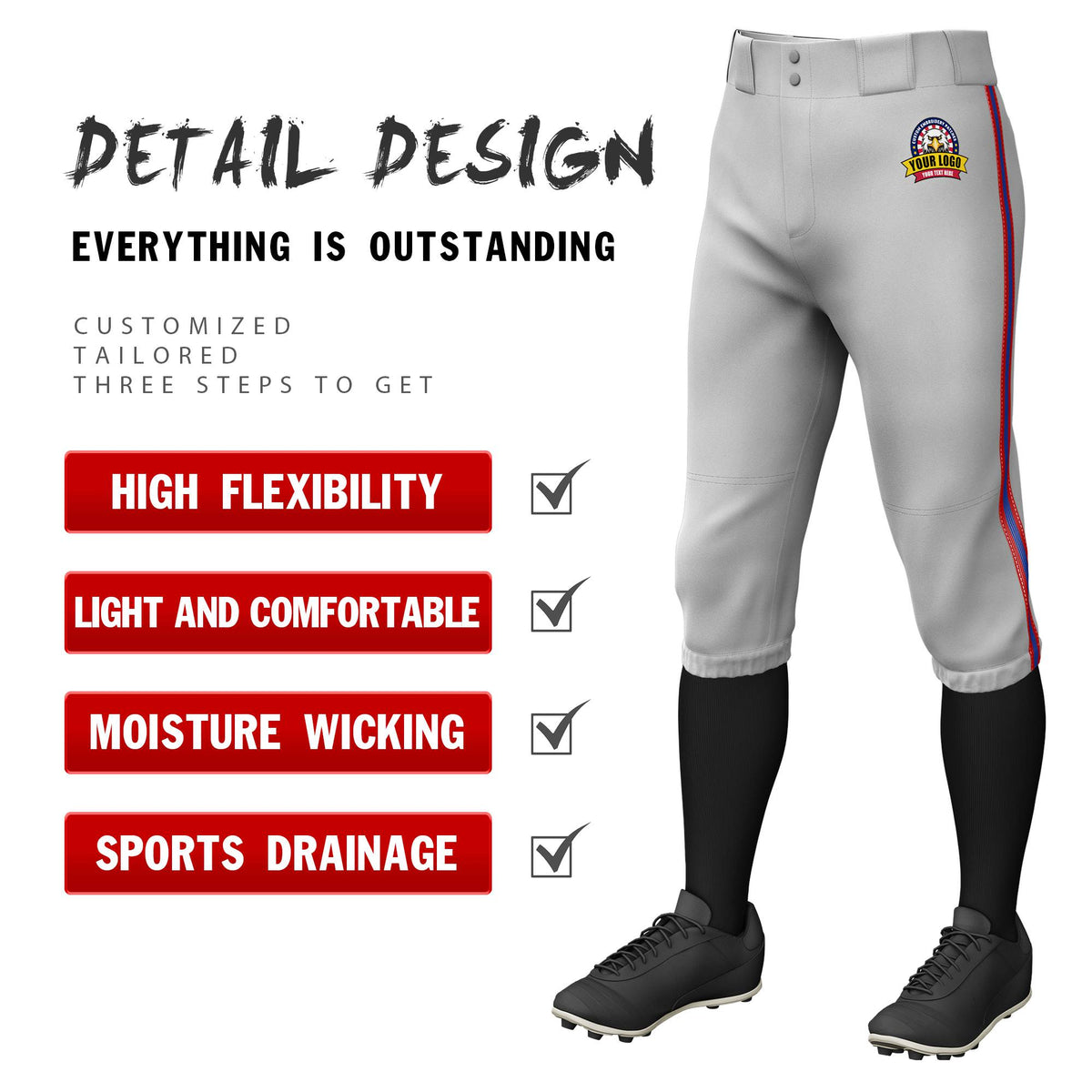 Custom Gray Red-Royal Blue-Red Classic Fit Stretch Practice Knickers Baseball Pants