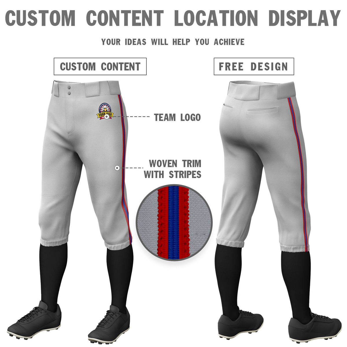 Custom Gray Red-Royal Blue-Red Classic Fit Stretch Practice Knickers Baseball Pants