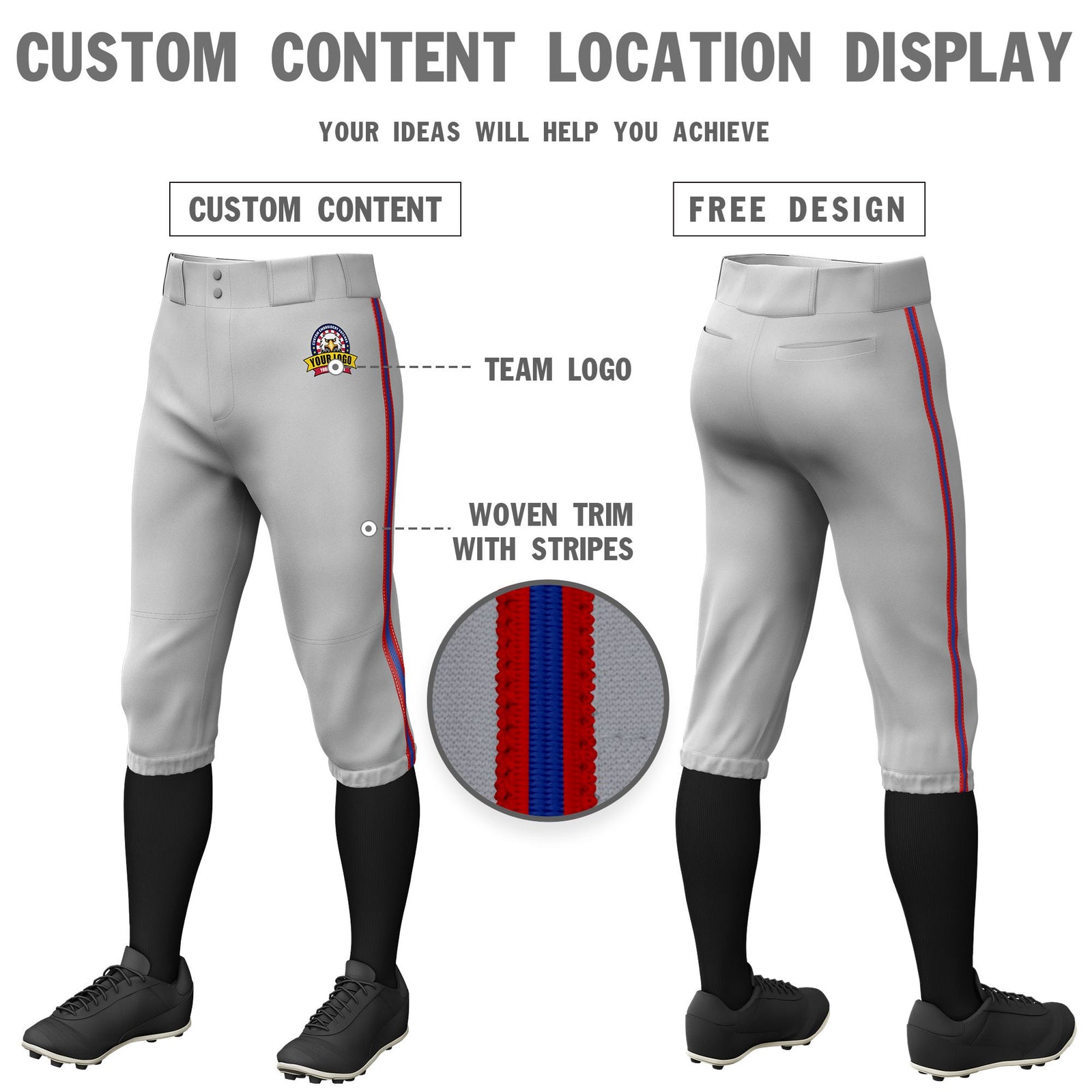 Custom Gray Red-Royal Blue-Red Classic Fit Stretch Practice Knickers Baseball Pants
