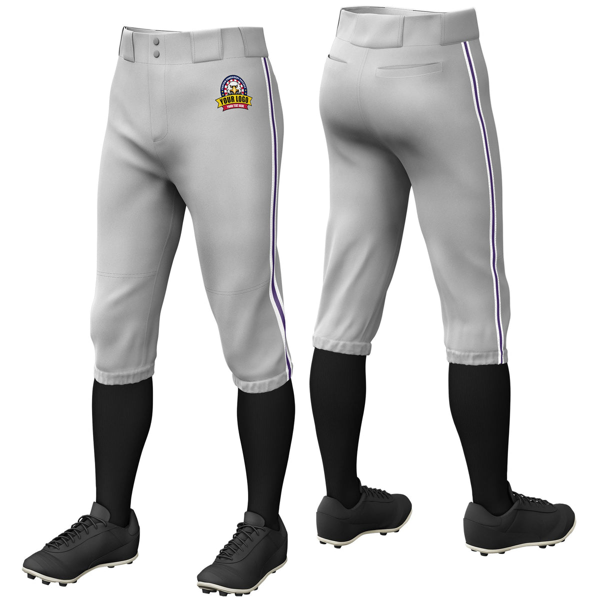 Custom Gray White-Purple-White Classic Fit Stretch Practice Knickers Baseball Pants