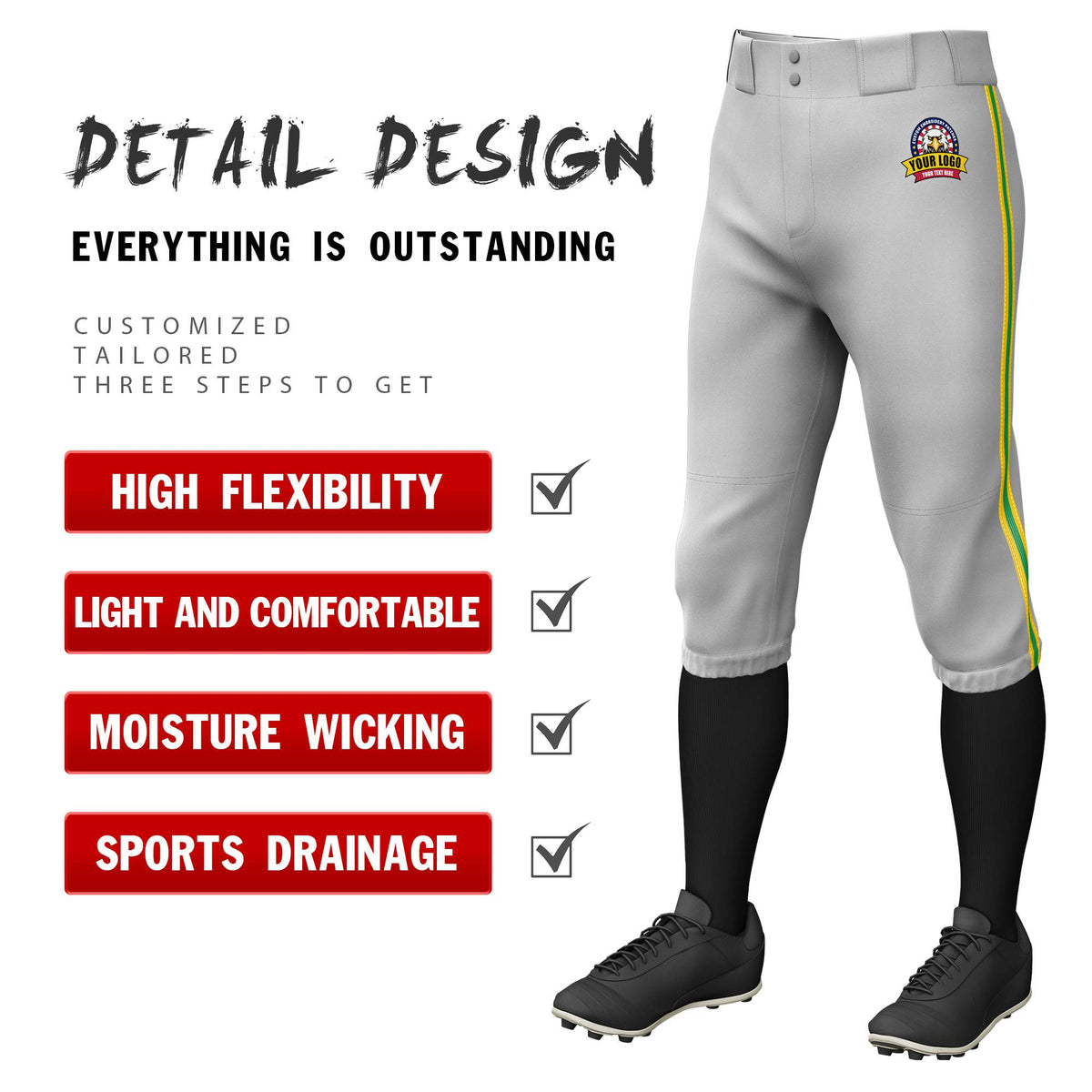 Custom Gray Gold01-Kelly Green-Gold01 Classic Fit Stretch Practice Knickers Baseball Pants