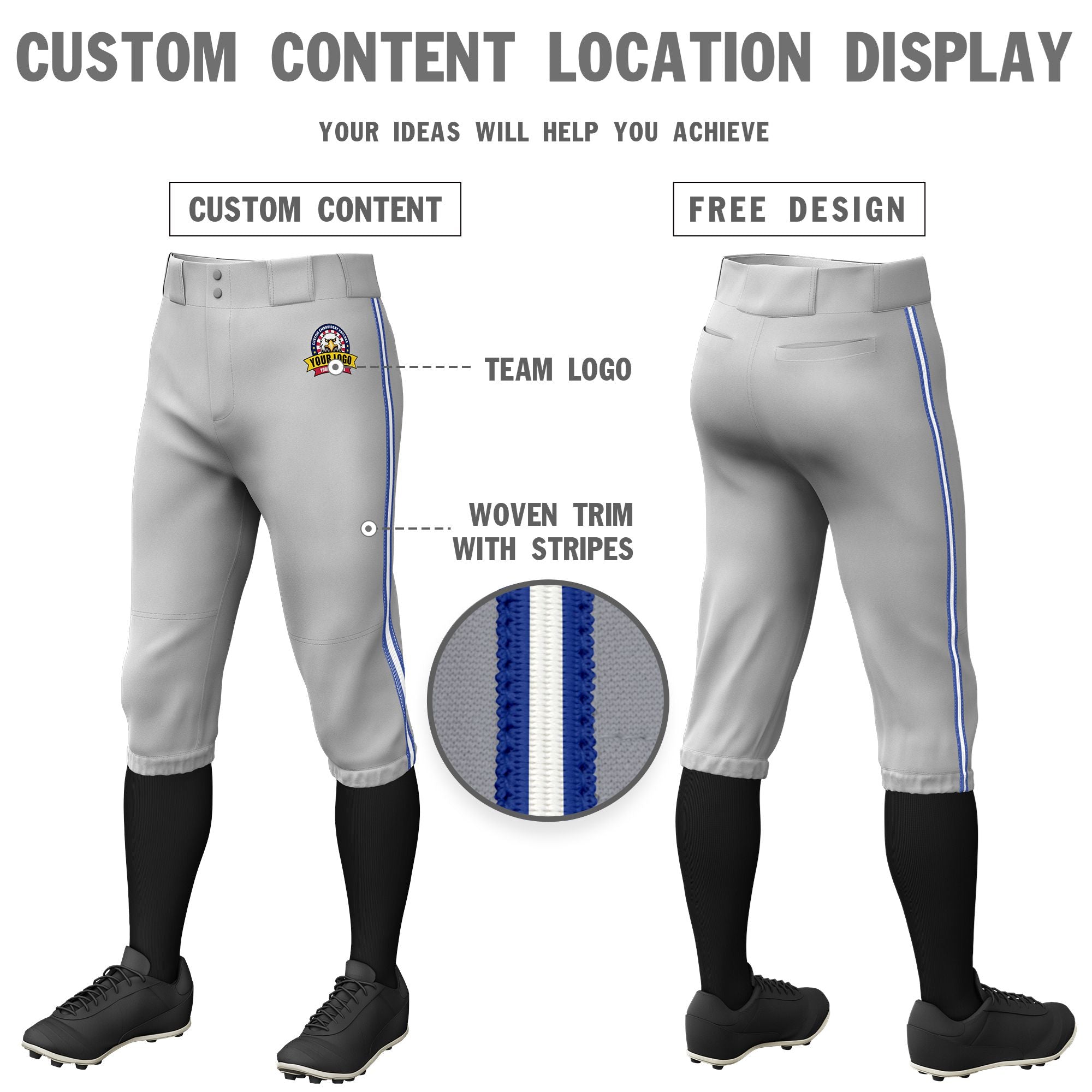 Custom Gray Royal Blue-White-Royal Blue Classic Fit Stretch Practice Knickers Baseball Pants