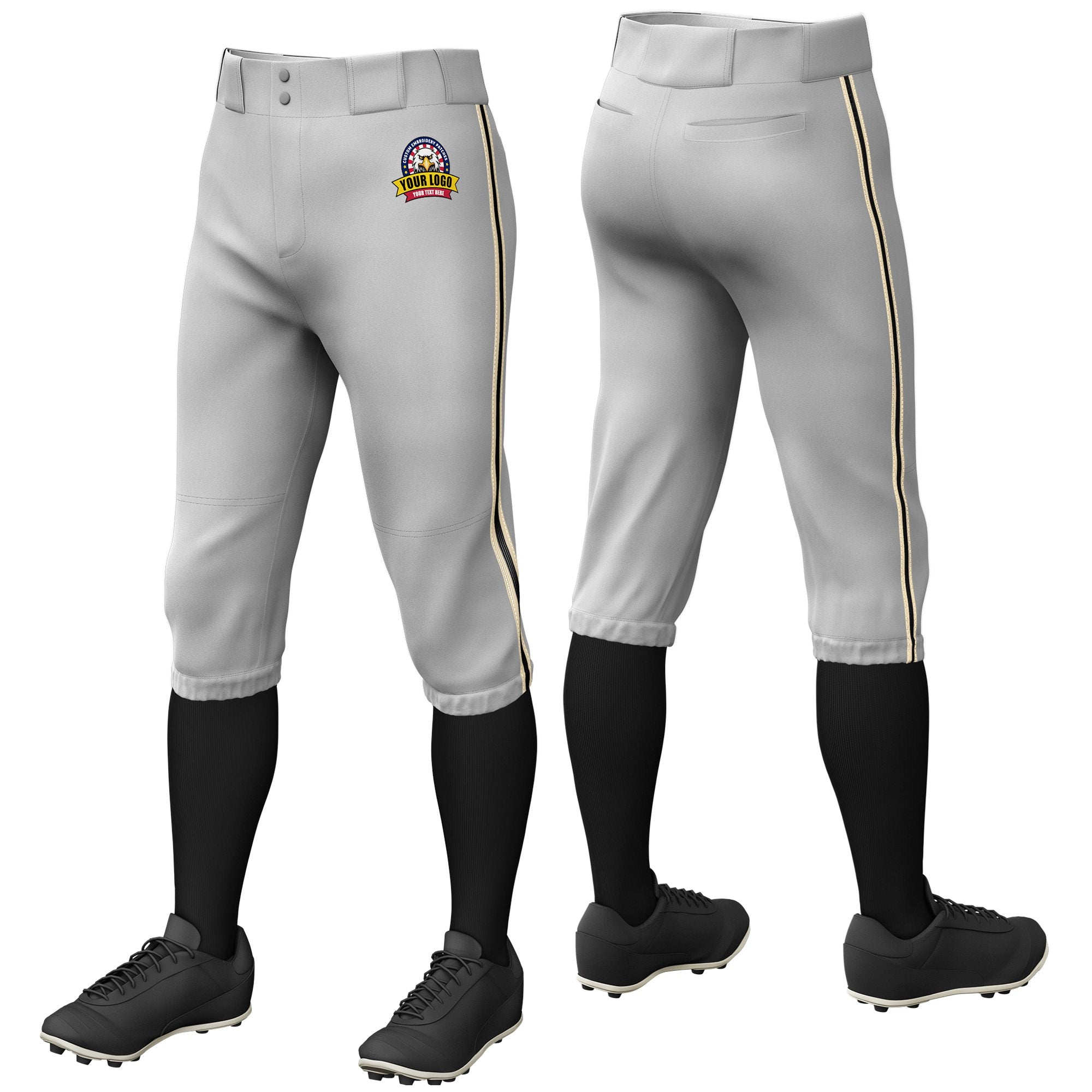 Custom Gray Khaki-Black-Khaki Classic Fit Stretch Practice Knickers Baseball Pants