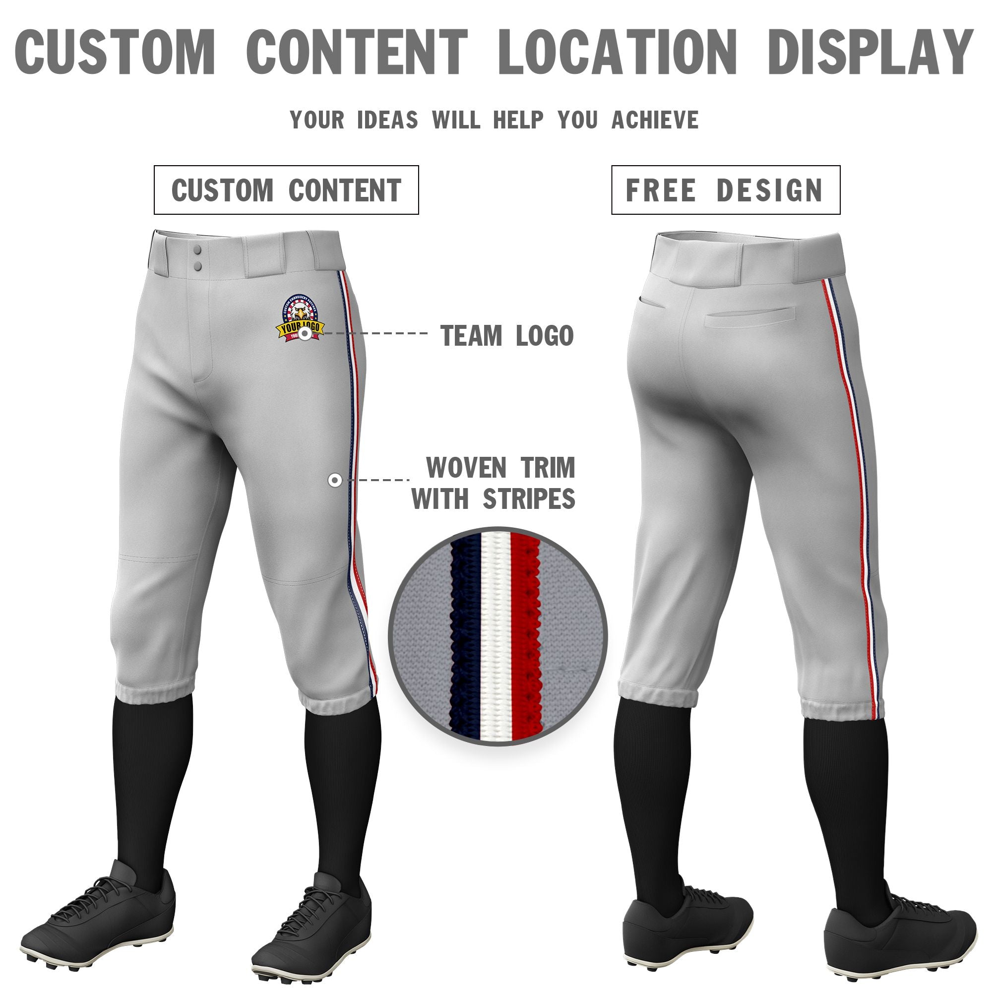 Custom Gray Navy-White-Red Classic Fit Stretch Practice Knickers Baseball Pants