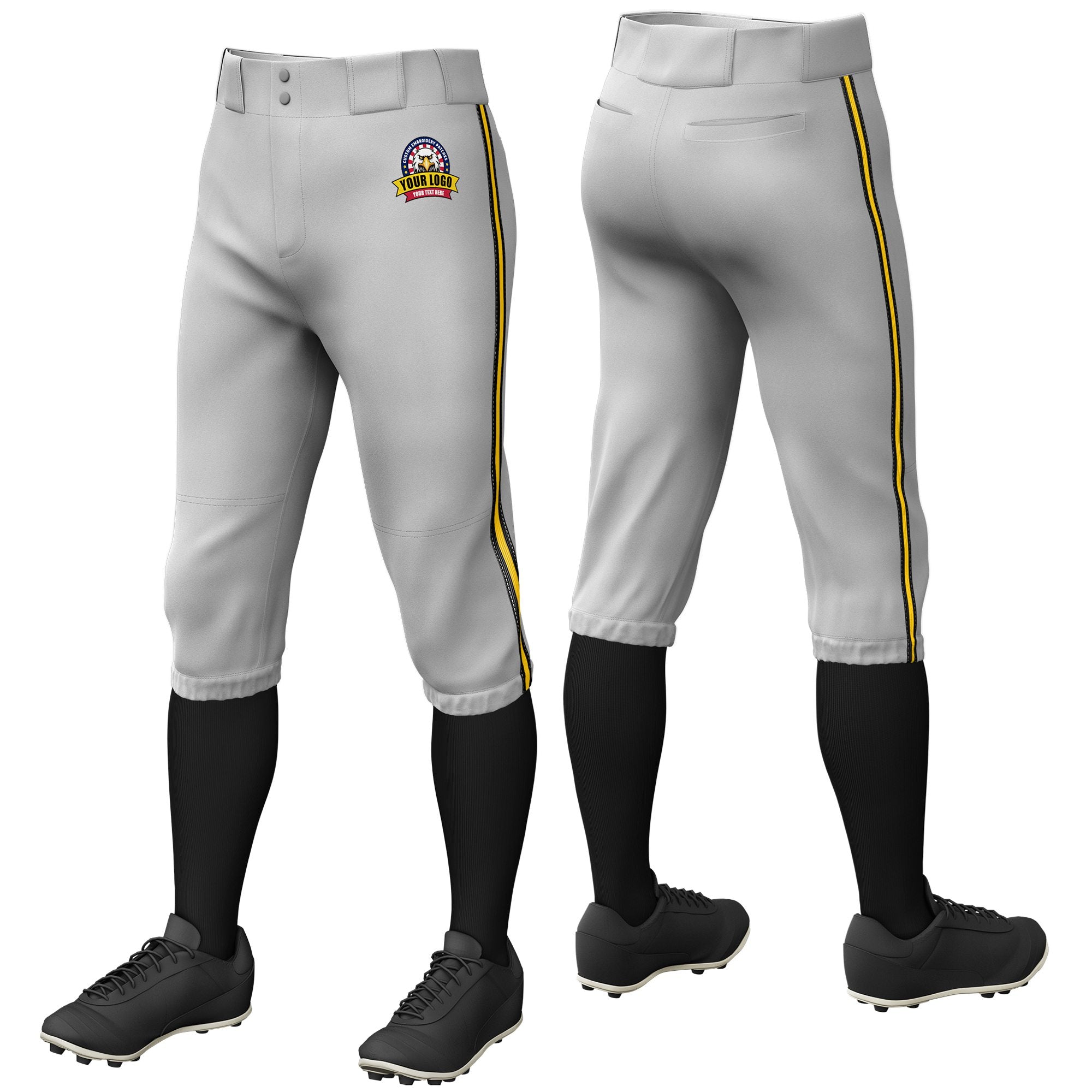 Custom Gray Black-Gold01-Black Classic Fit Stretch Practice Knickers Baseball Pants