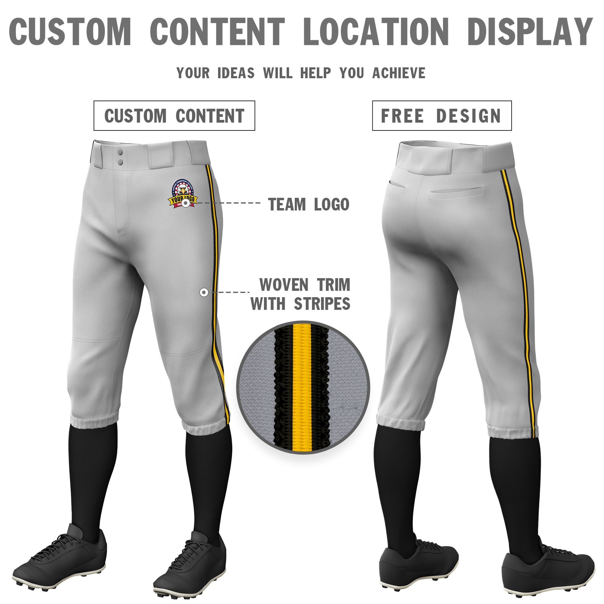 Custom Gray Black-Gold01-Black Classic Fit Stretch Practice Knickers Baseball Pants