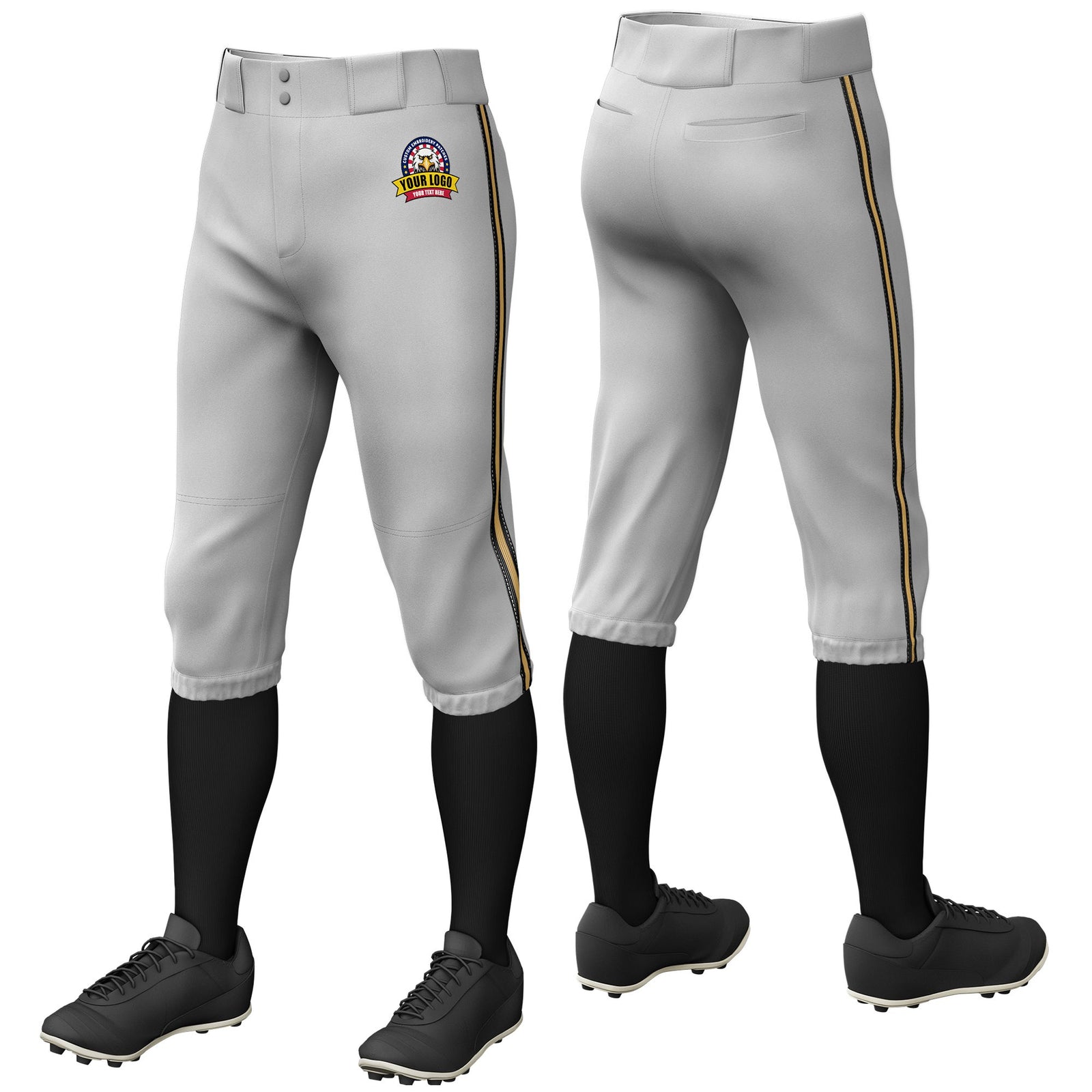 Custom Gray Black-Old Gold-Black Classic Fit Stretch Practice Knickers Baseball Pants