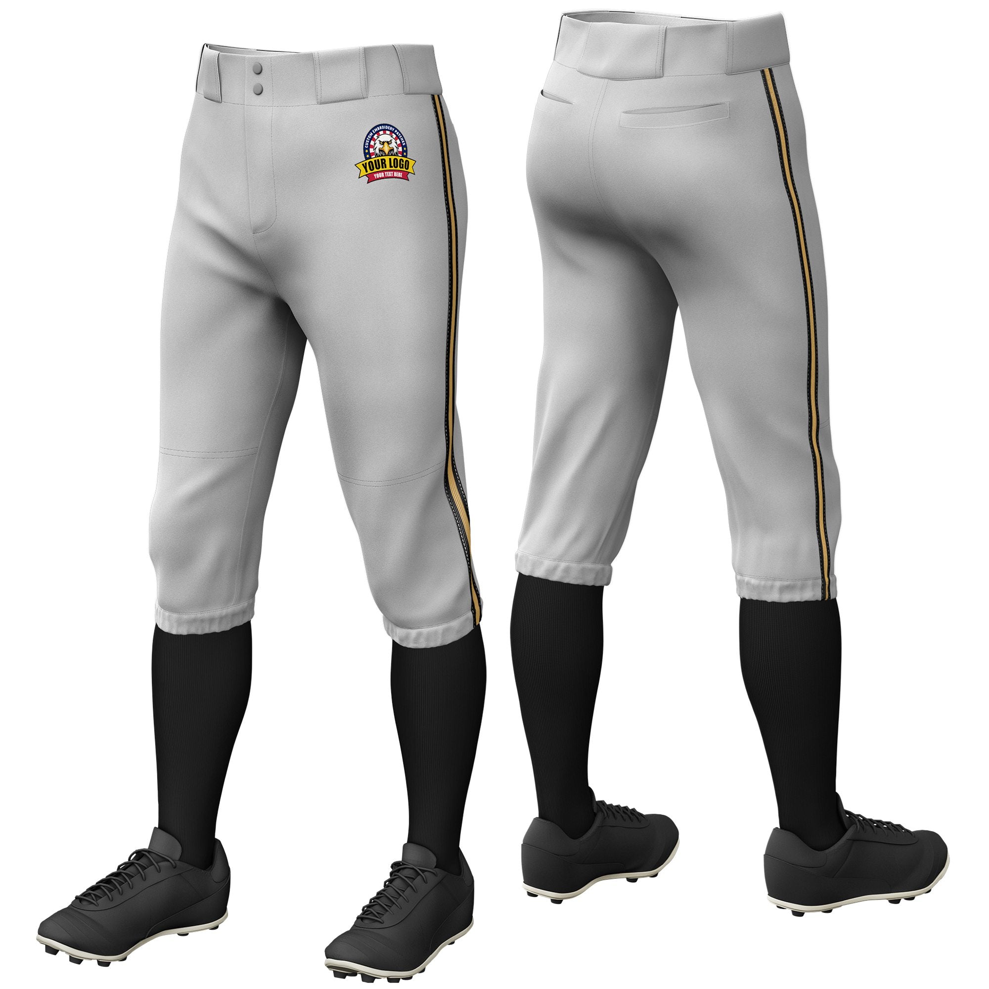 Custom Gray Black-Old Gold-Black Classic Fit Stretch Practice Knickers Baseball Pants