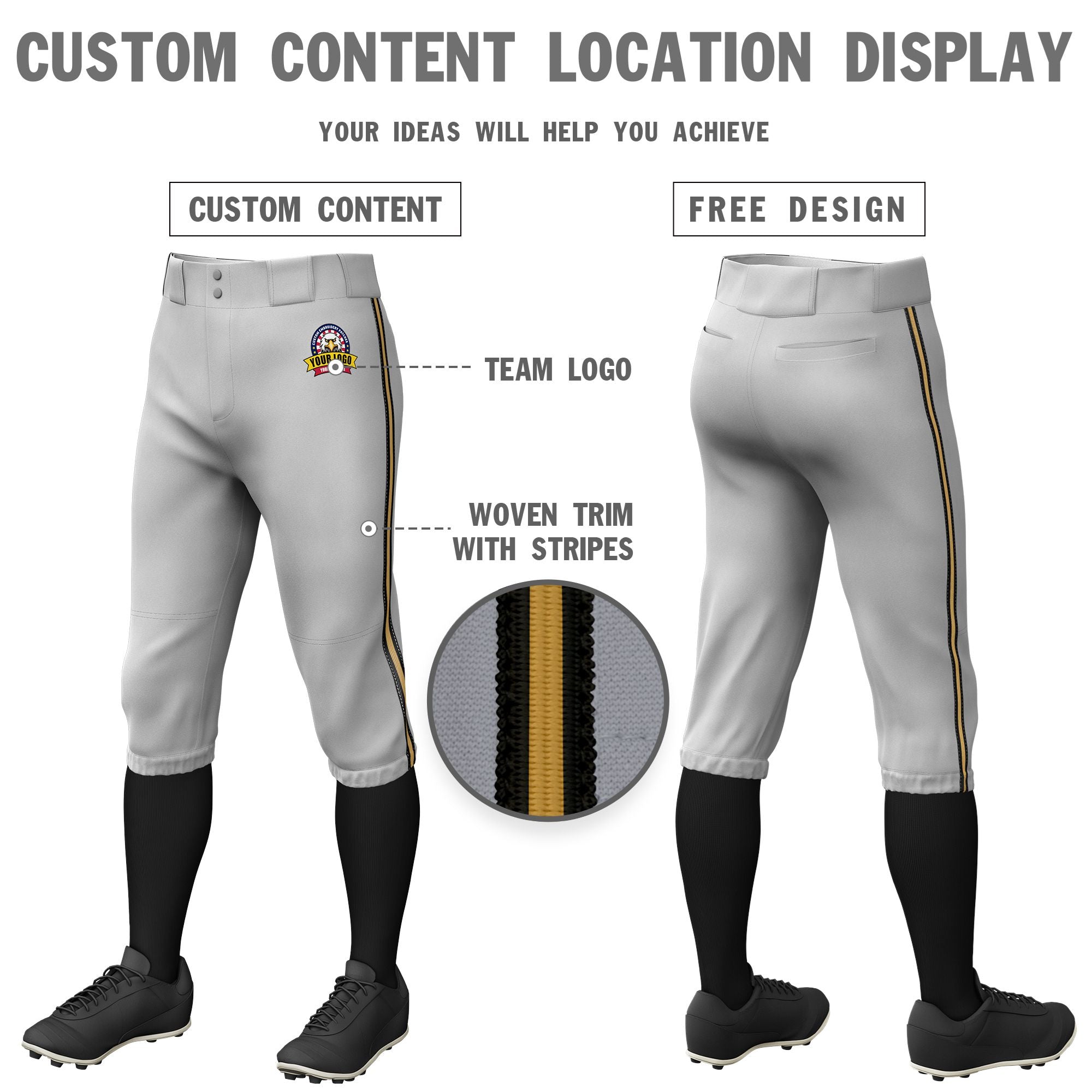 Custom Gray Black-Old Gold-Black Classic Fit Stretch Practice Knickers Baseball Pants