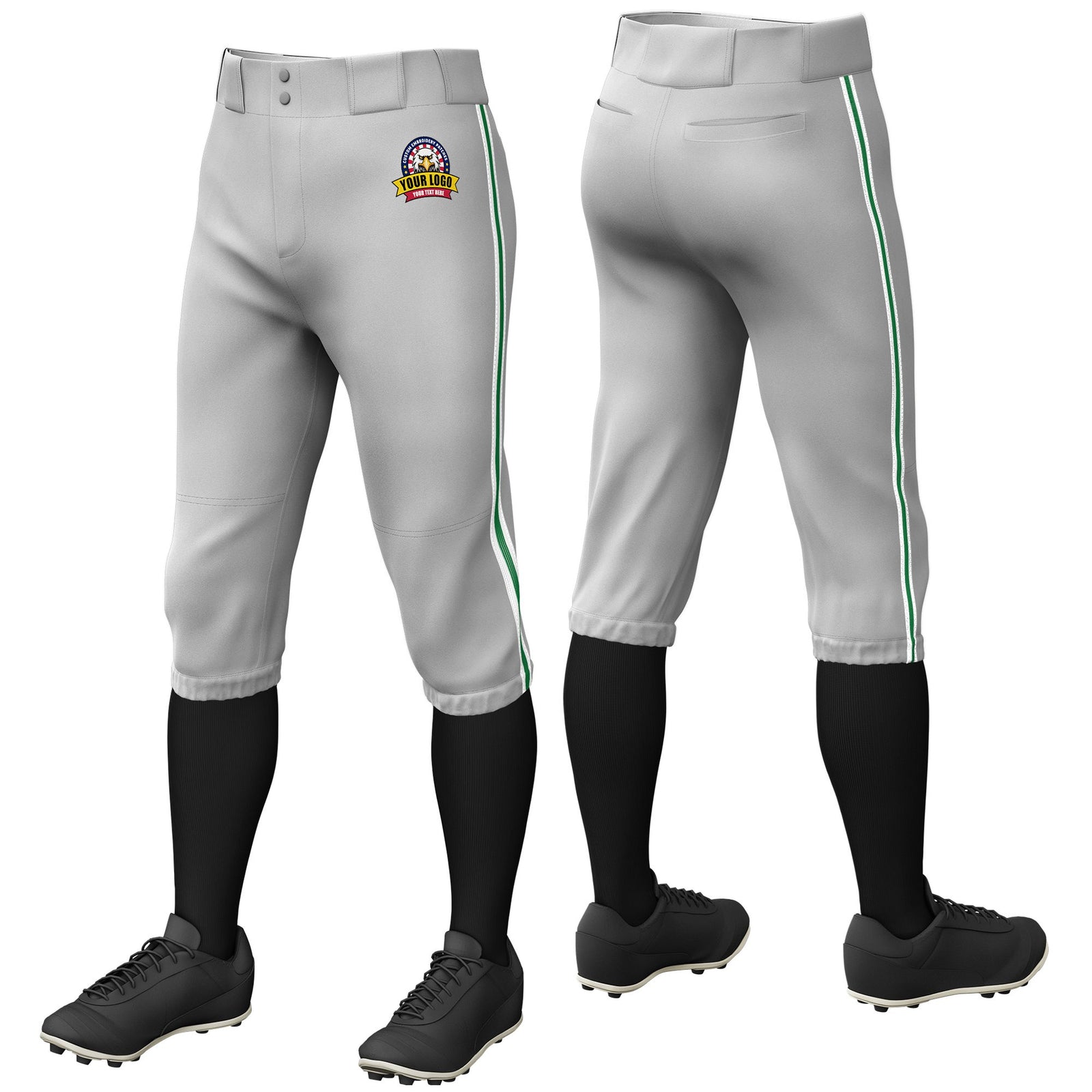 Custom Gray White-Kelly Green-White Classic Fit Stretch Practice Knickers Baseball Pants