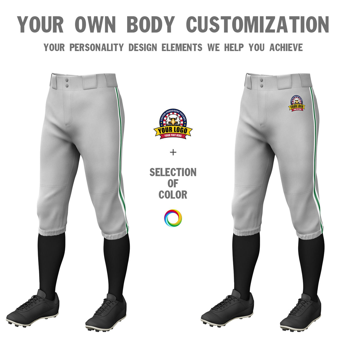 Custom Gray White-Kelly Green-White Classic Fit Stretch Practice Knickers Baseball Pants