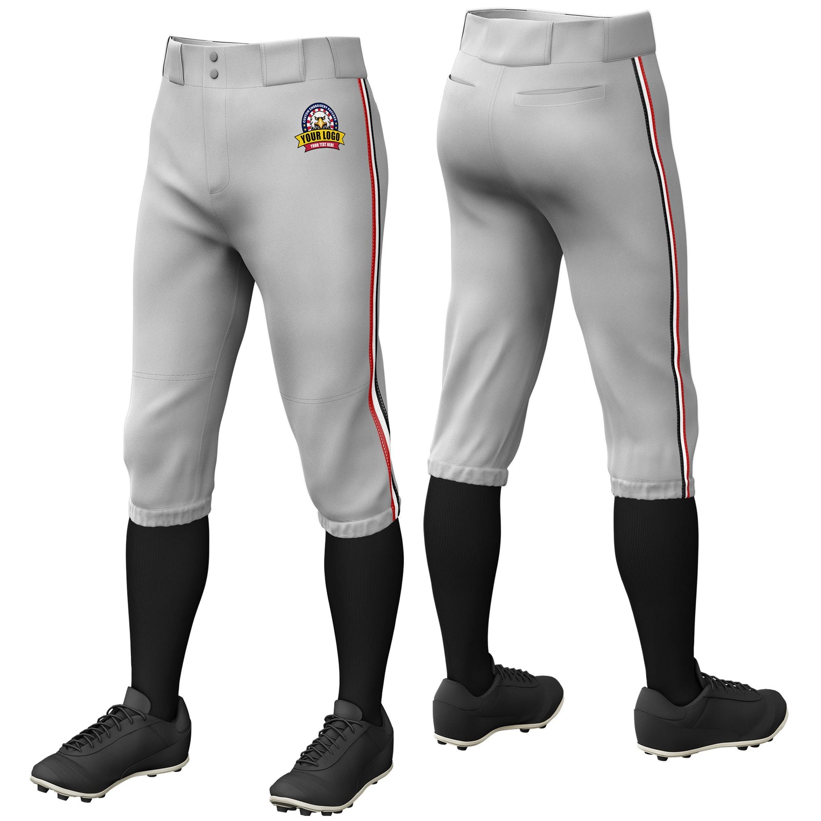 Custom Gray Red-White-Black Classic Fit Stretch Practice Knickers Baseball Pants