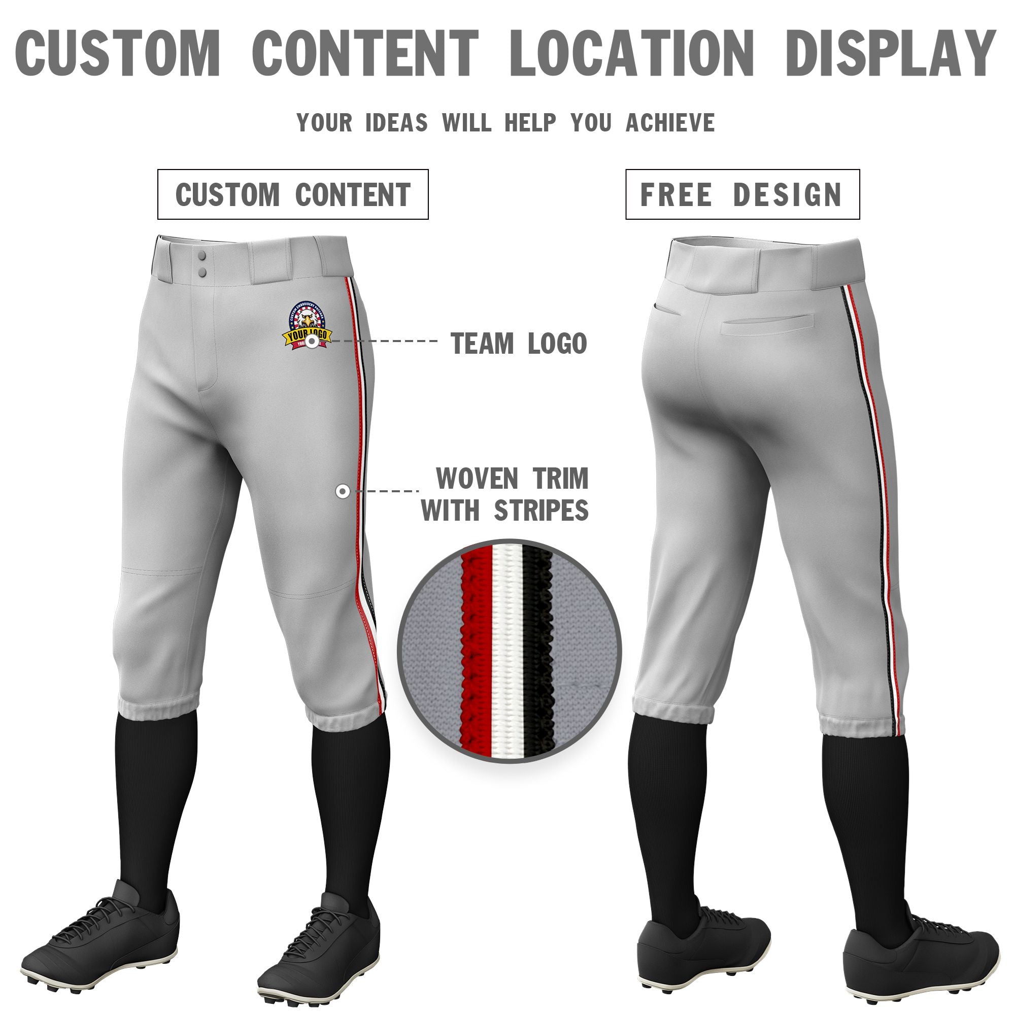 Custom Gray Red-White-Black Classic Fit Stretch Practice Knickers Baseball Pants