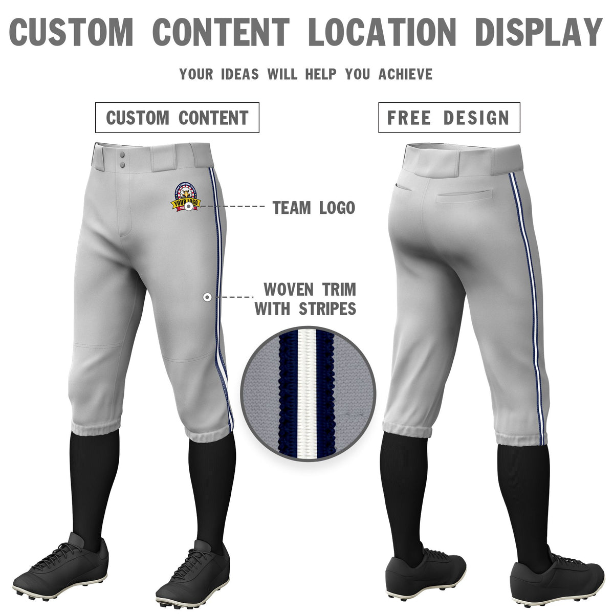 Custom Gray Navy-White-Navy Classic Fit Stretch Practice Knickers Baseball Pants