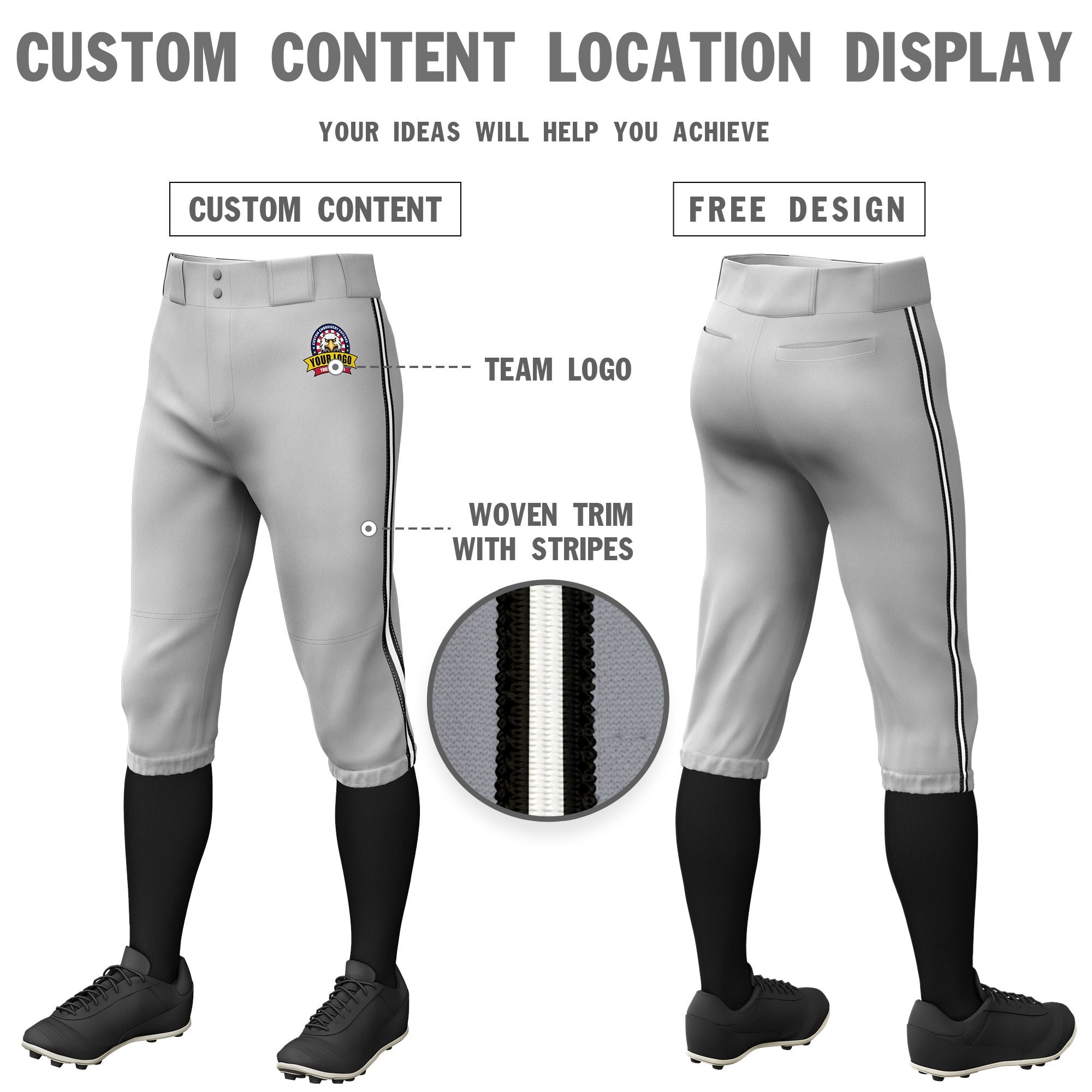 Custom Gray Black-White-Black Classic Fit Stretch Practice Knickers Baseball Pants