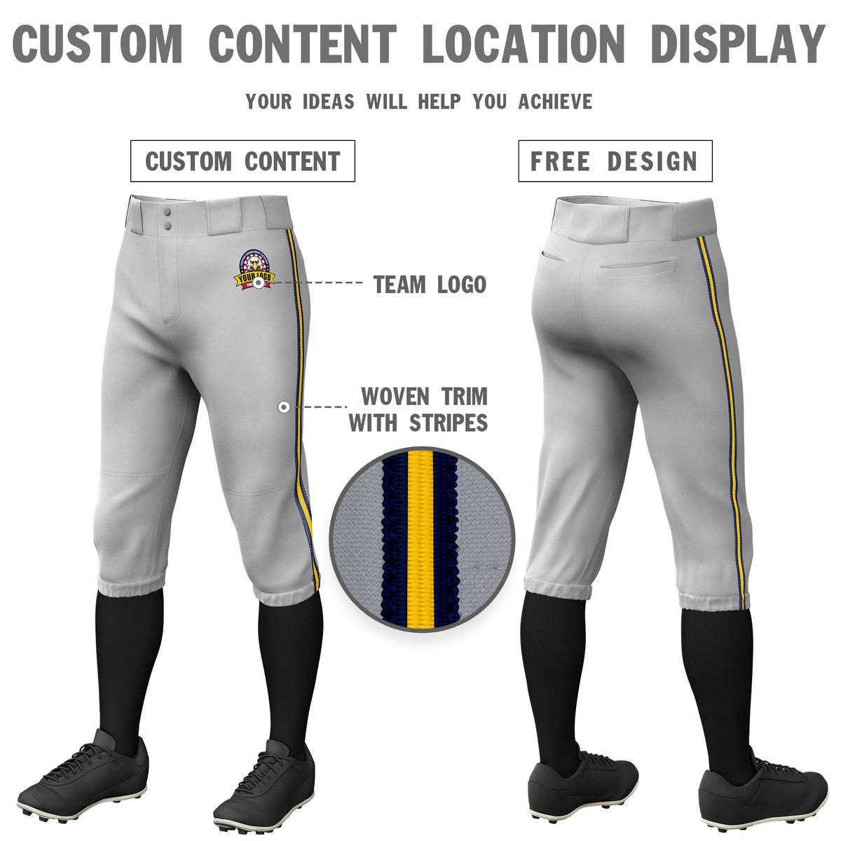 Custom Gray Navy-Gold01-Navy Classic Fit Stretch Practice Knickers Baseball Pants