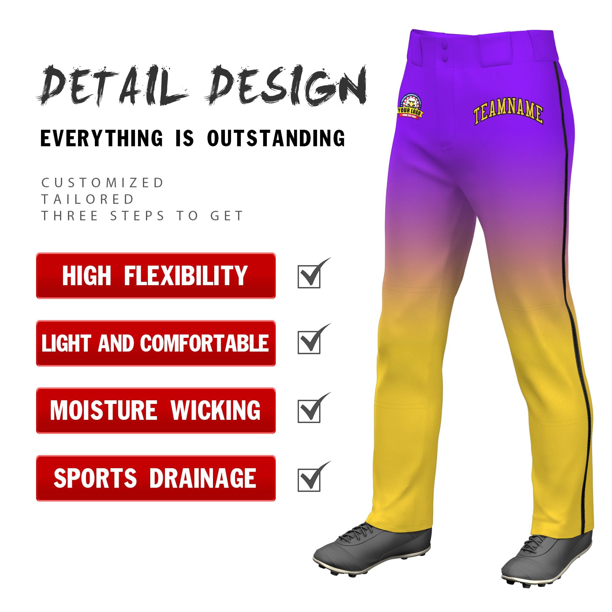 Custom Purple Yellow Gradient Fit Stretch Practice Loose-fit Baseball Pants