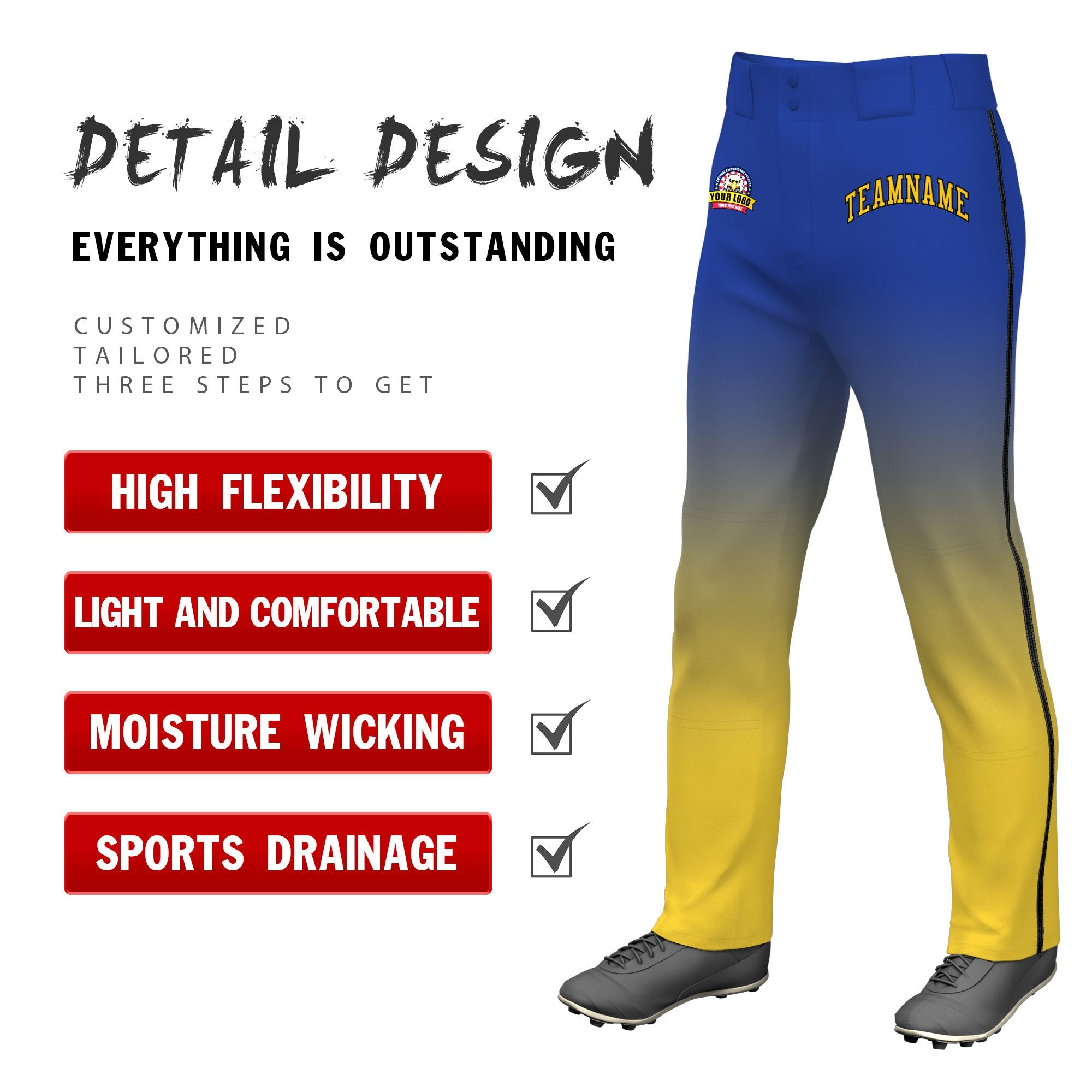 Custom Royal Blue Yellow Gradient Fit Stretch Practice Loose-fit Baseball Pants