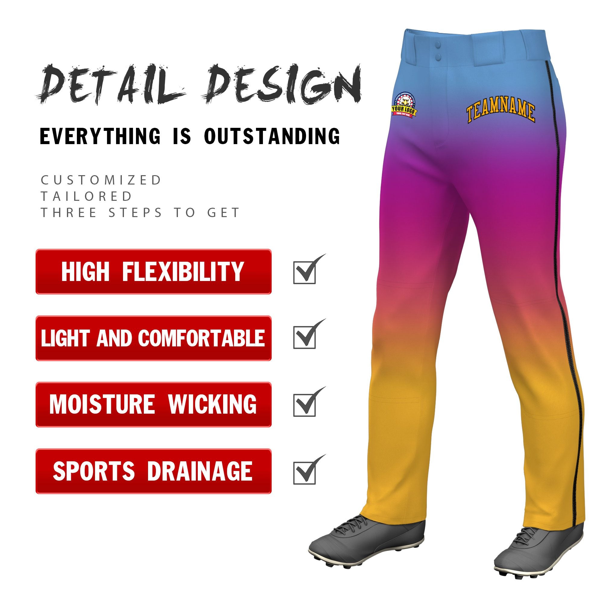 Custom Light Blue Purple Pink-Yellow Gradient Fit Stretch Practice Loose-fit Baseball Pants