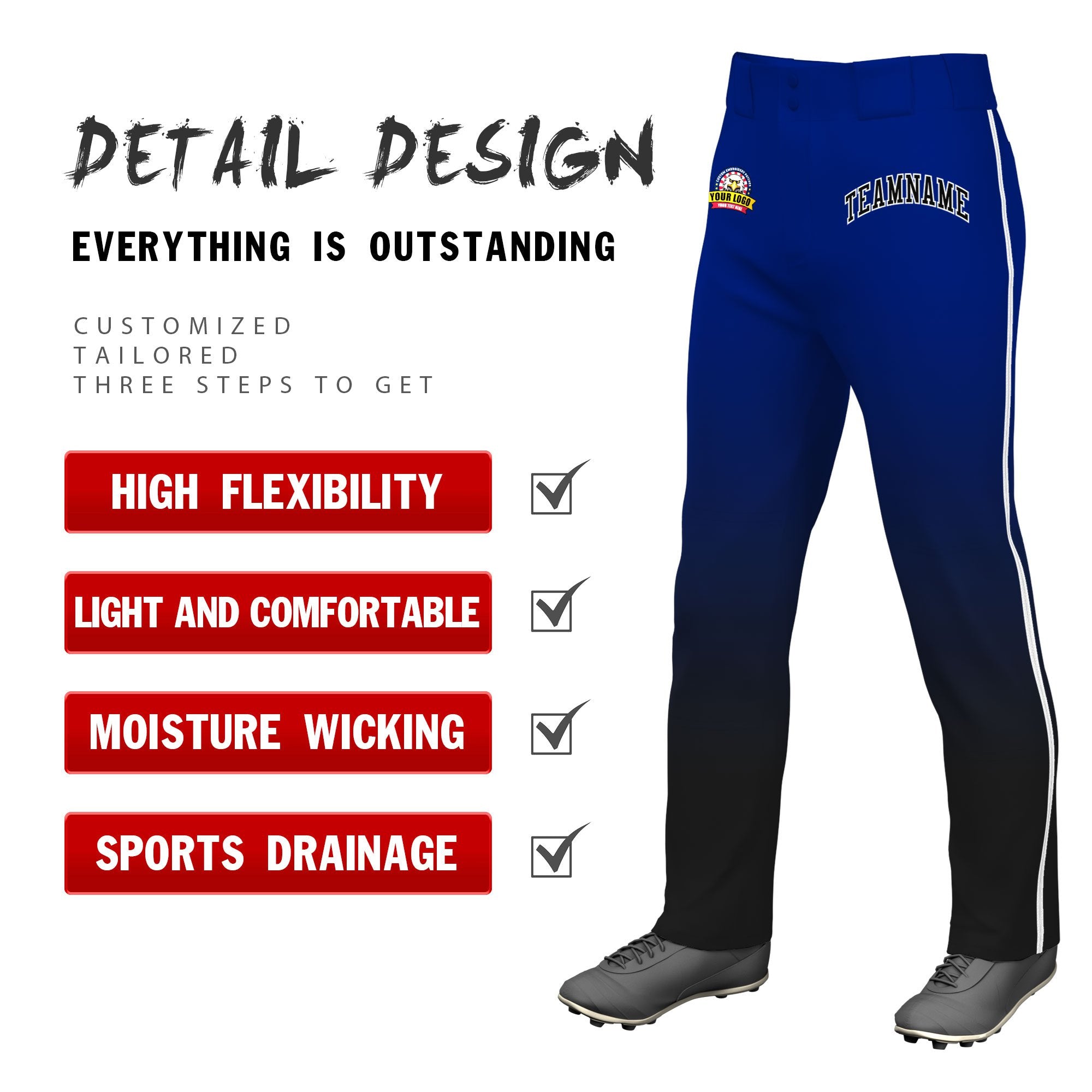 Custom Royal Blue Black Gradient Fit Stretch Practice Loose-fit Baseball Pants