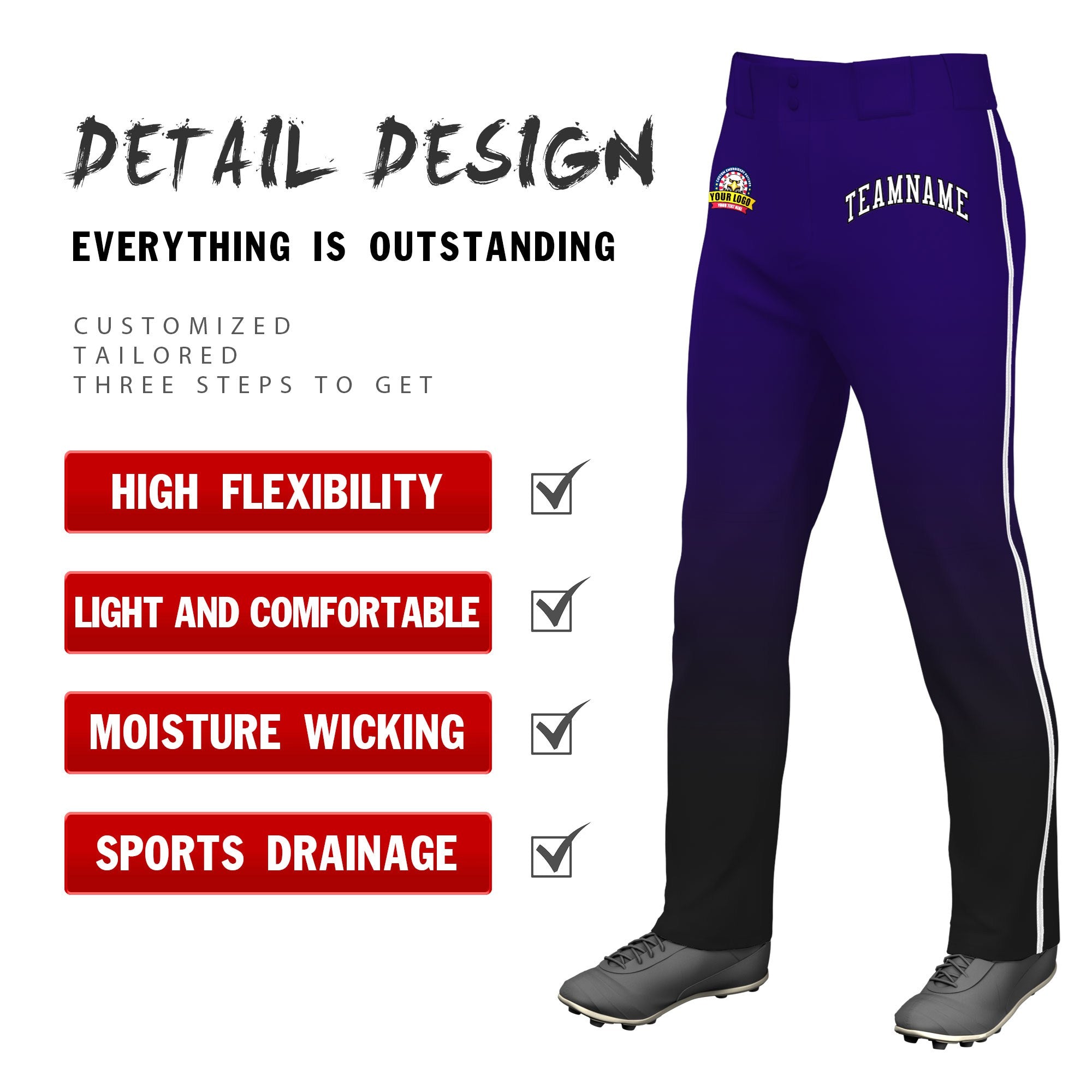 Custom Purple Black Gradient Fit Stretch Practice Loose-fit Baseball Pants