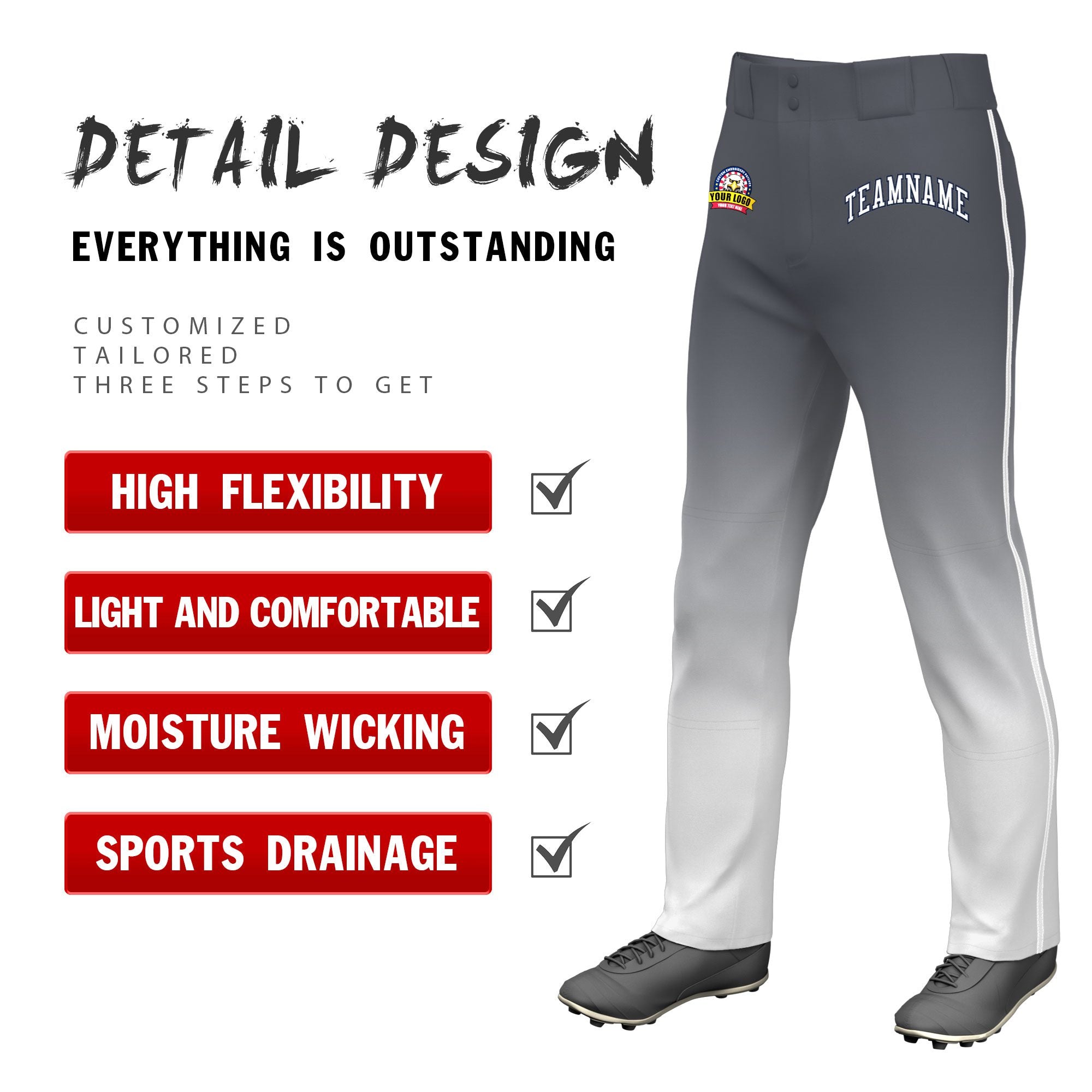 Custom Gray White Gradient Fit Stretch Practice Loose-fit Baseball Pants