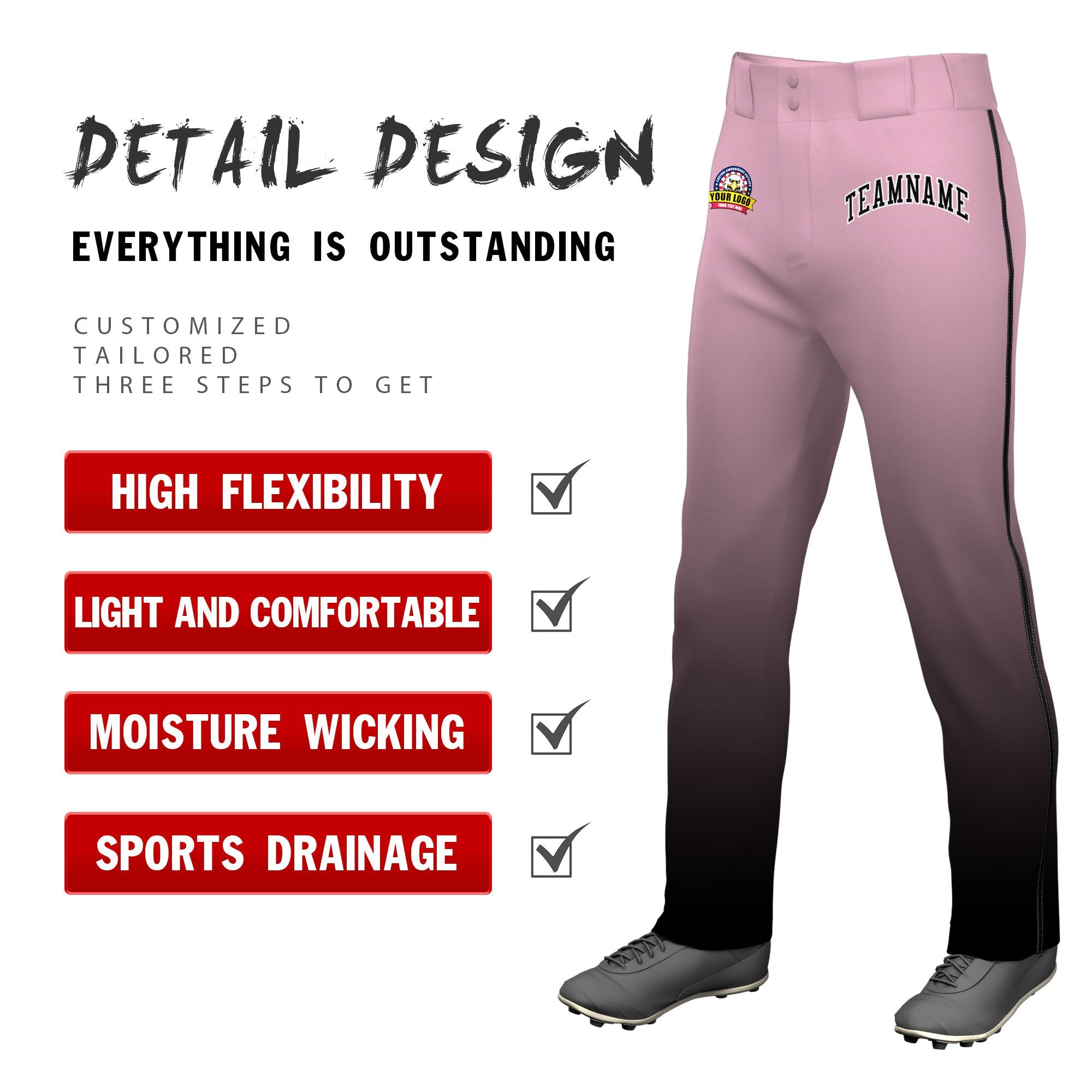 Custom Pink Black Gradient Fit Stretch Practice Loose-fit Baseball Pants