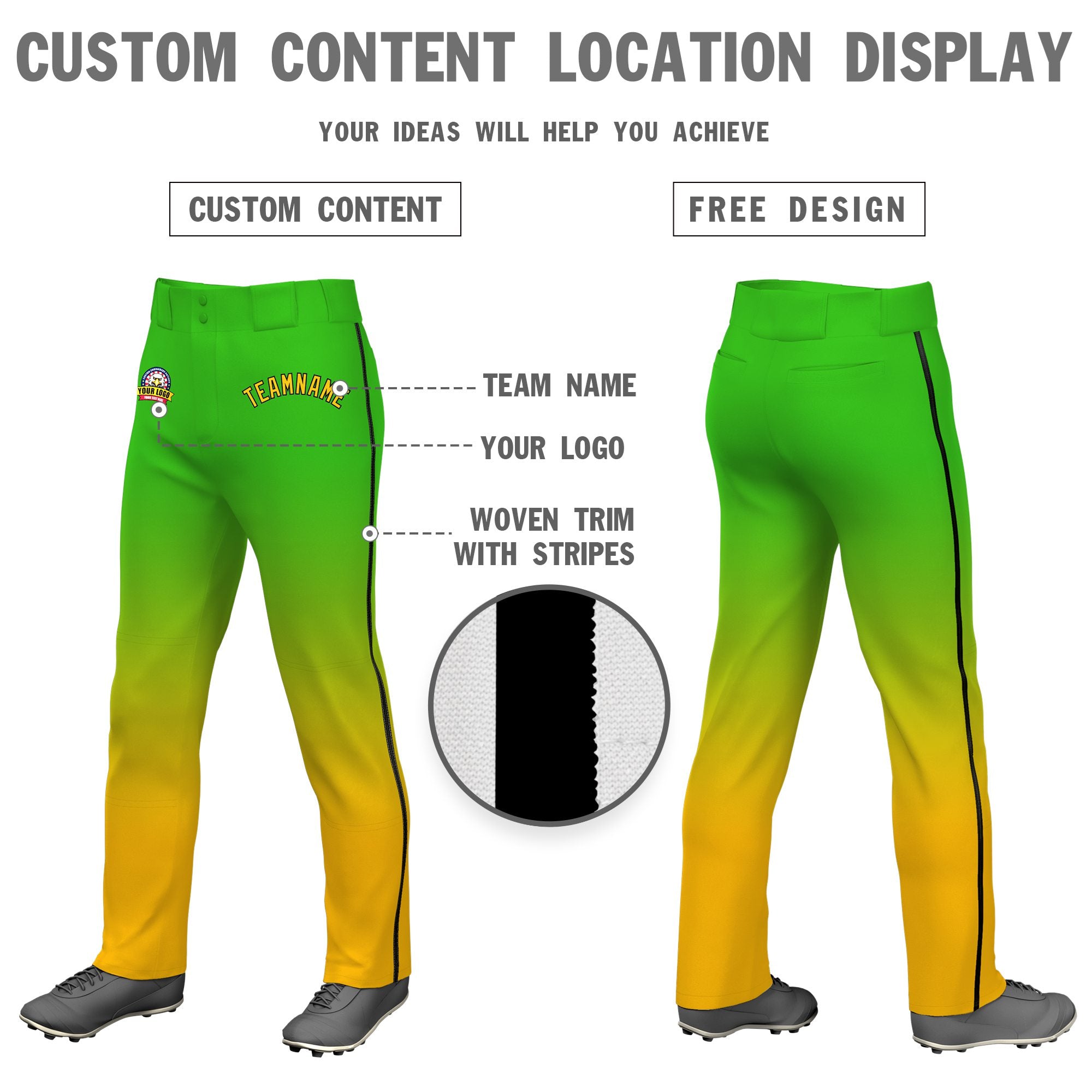 Custom Green Yellow Gradient Fit Stretch Practice Loose-fit Baseball Pants