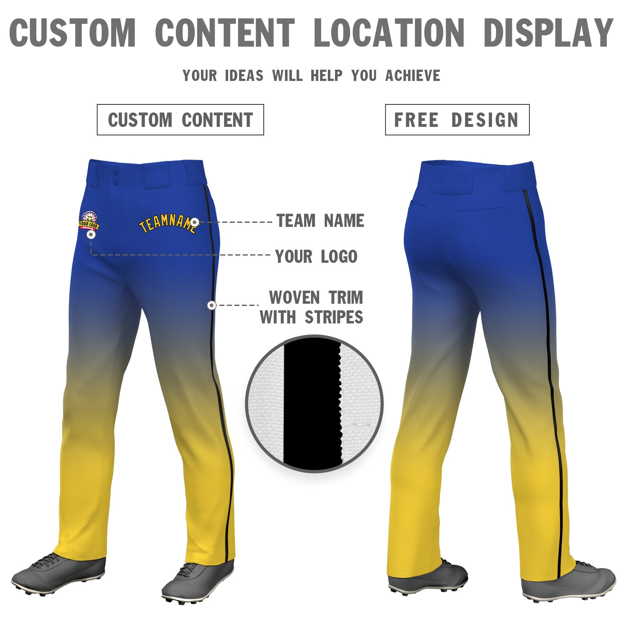 Custom Royal Blue Yellow Gradient Fit Stretch Practice Loose-fit Baseball Pants