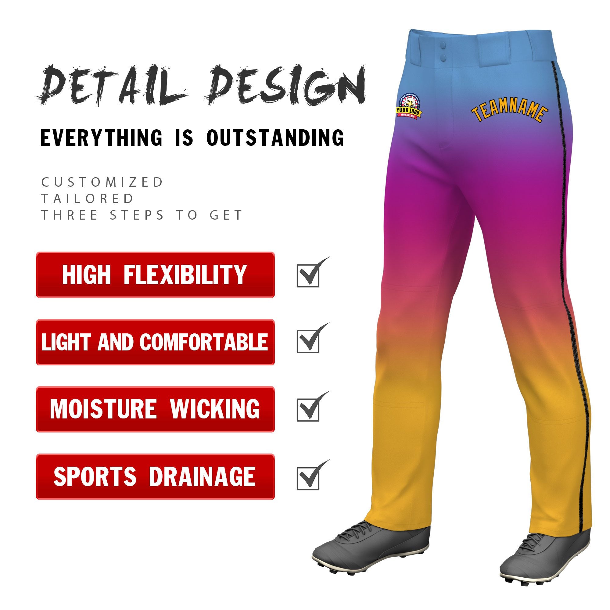 Custom Light Blue Purple Pink-Yellow Gradient Fit Stretch Practice Loose-fit Baseball Pants