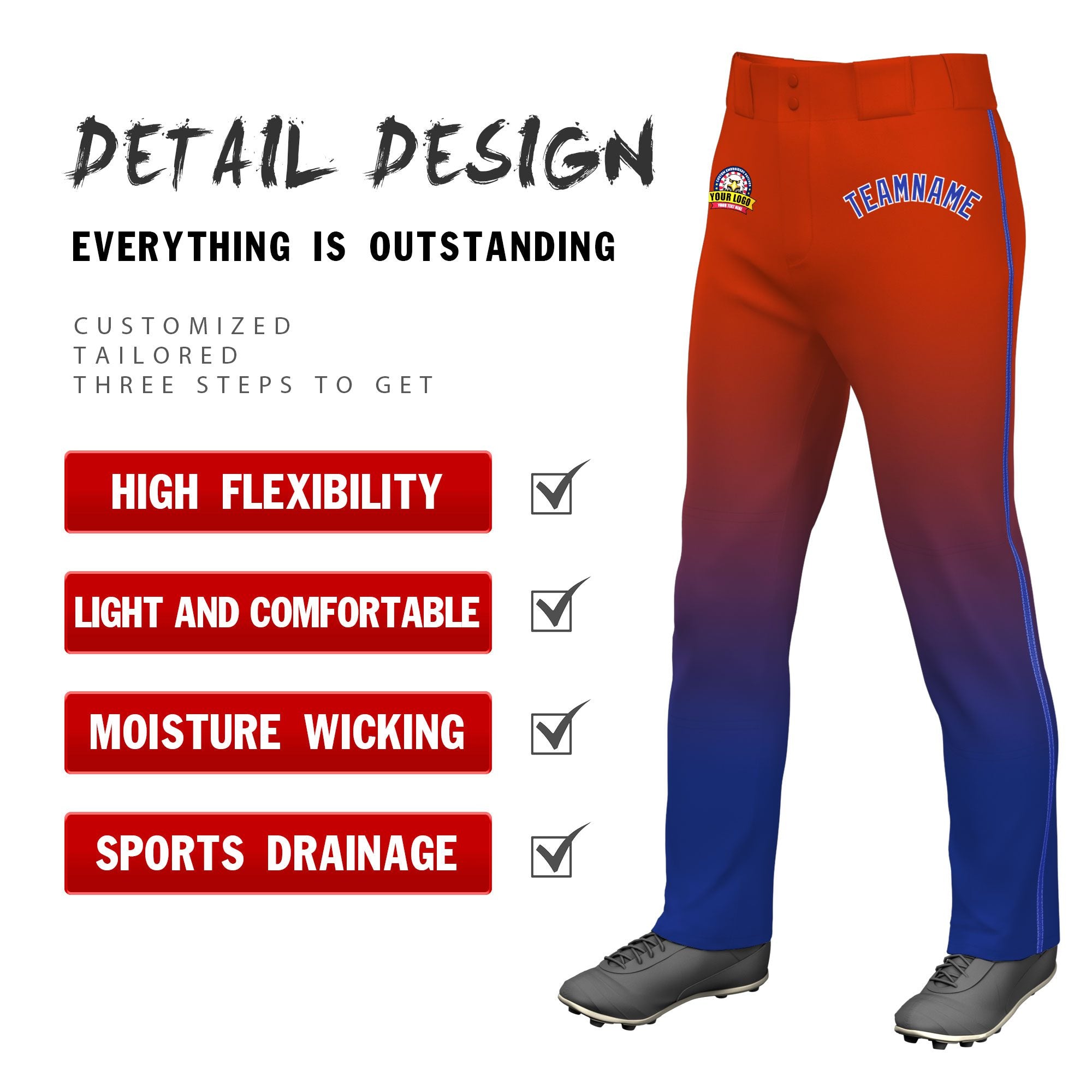 Custom Texas Orange Royal Blue Gradient Fit Stretch Practice Loose-fit Baseball Pants