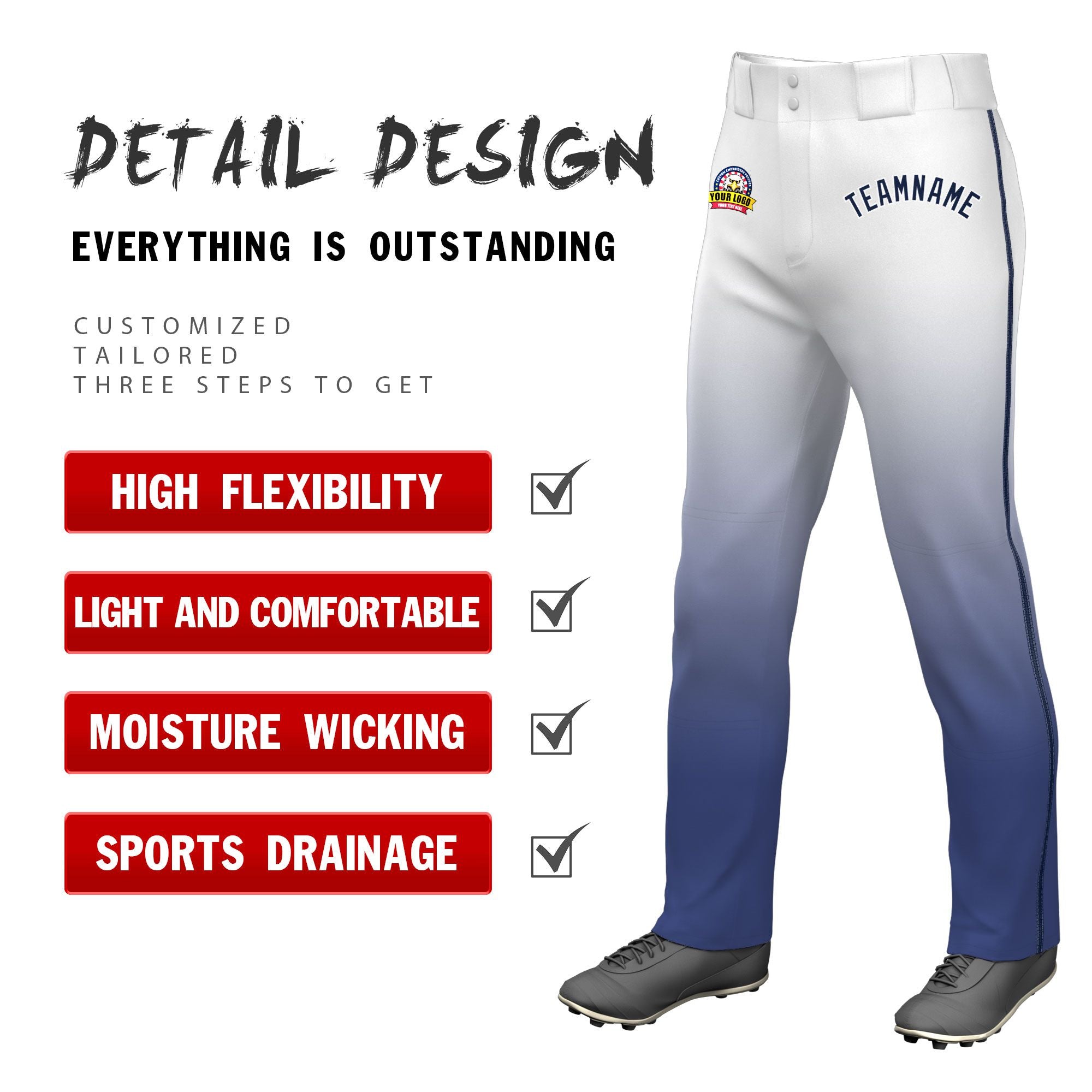 Custom White Blue Gradient Fit Stretch Practice Loose-fit Baseball Pants