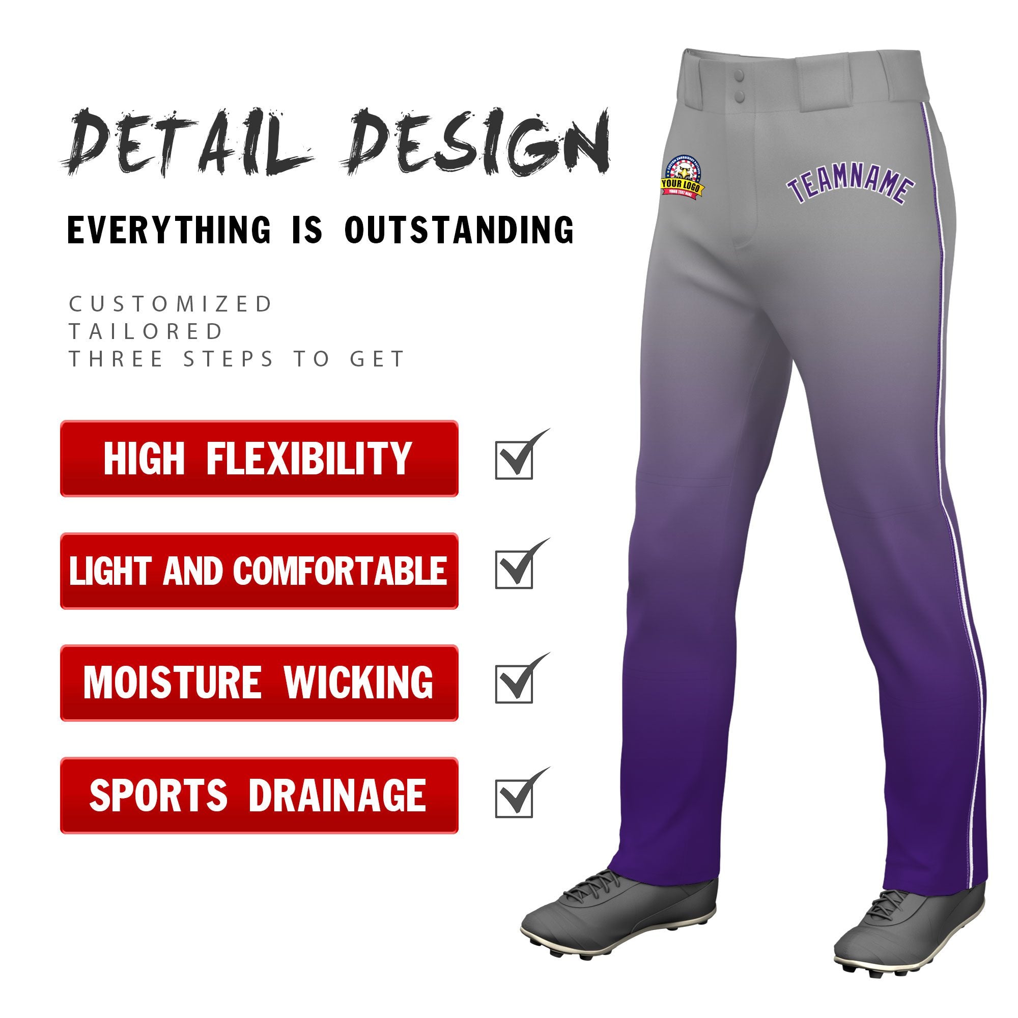 Custom Gray Purple Gradient Fit Stretch Practice Loose-fit Baseball Pants