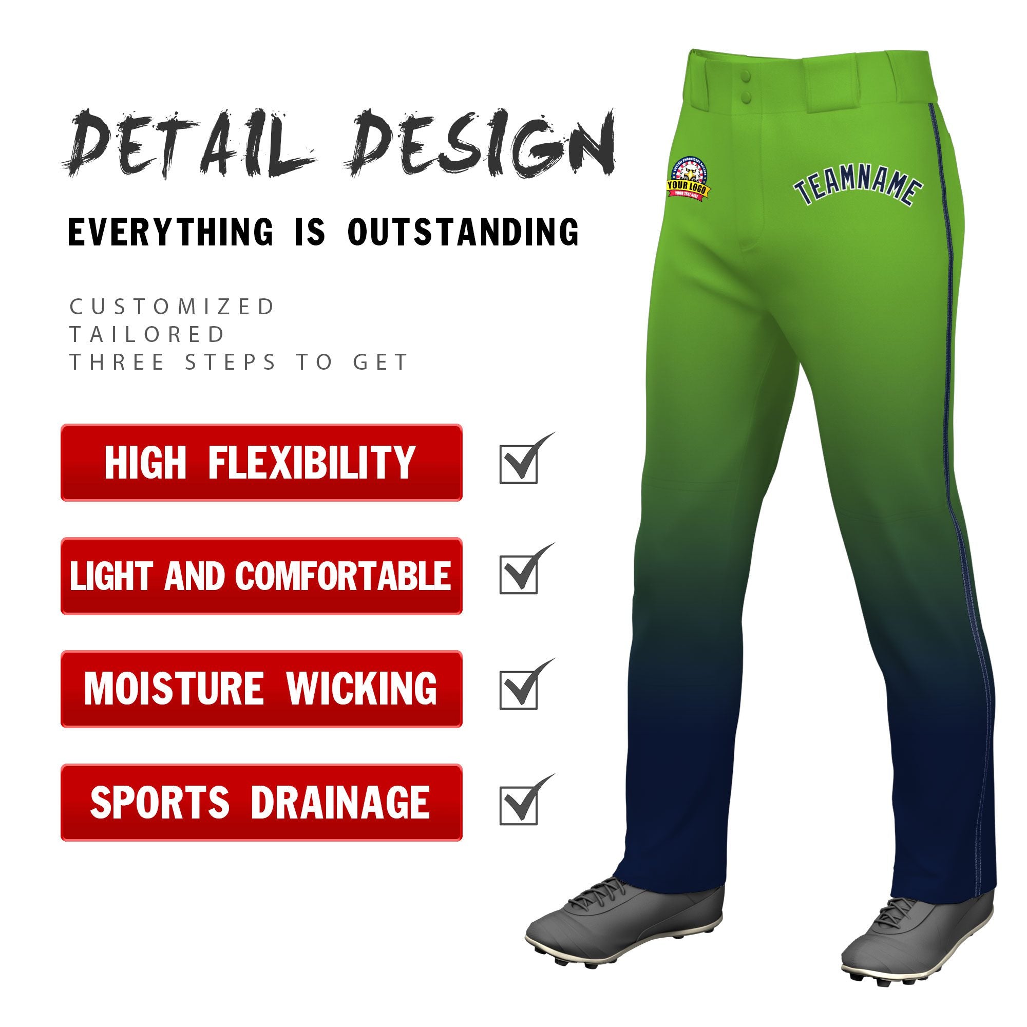 Custom Neon Green Navy Gradient Fit Stretch Practice Loose-fit Baseball Pants