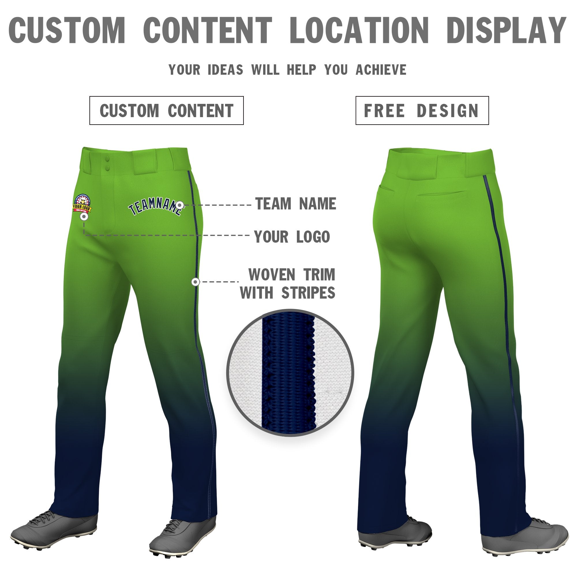 Custom Neon Green Navy Gradient Fit Stretch Practice Loose-fit Baseball Pants