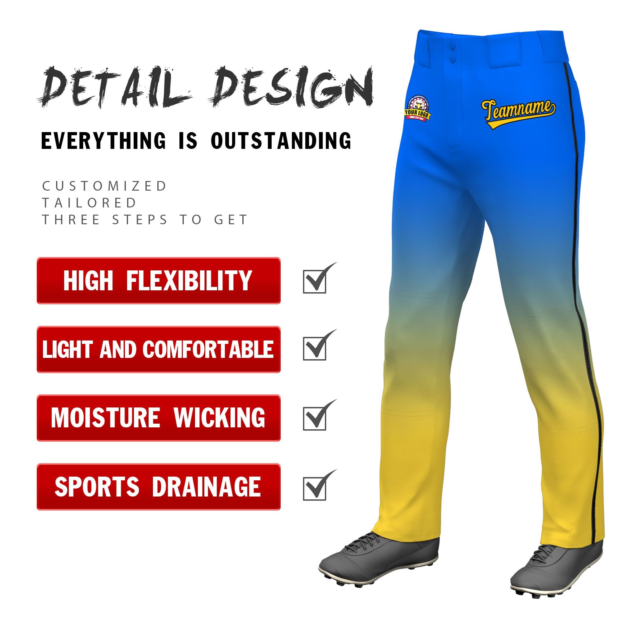 Custom Blue Yellow Gradient Fit Stretch Practice Loose-fit Baseball Pants