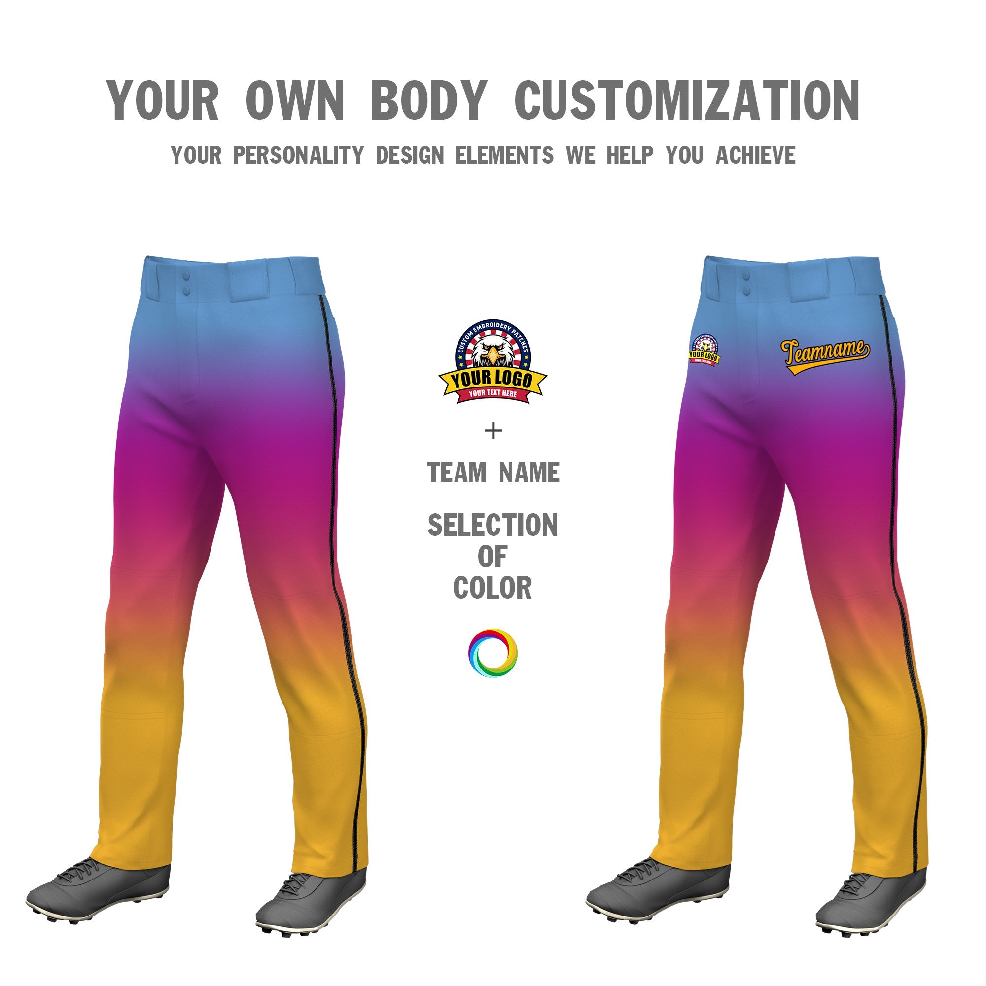 Custom Light Blue Purple Pink-Yellow Gradient Fit Stretch Practice Loose-fit Baseball Pants